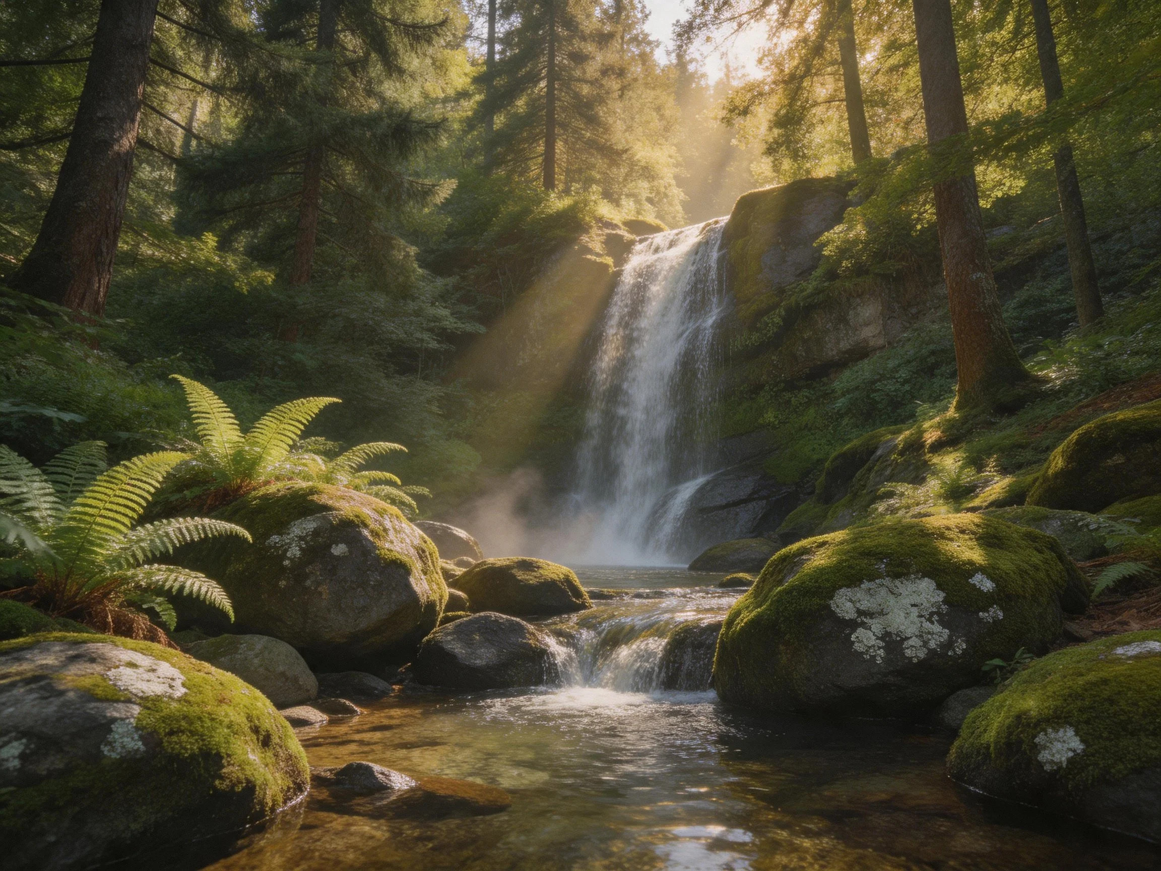 Moss-covered rocks surround a sunlit forest waterfall
