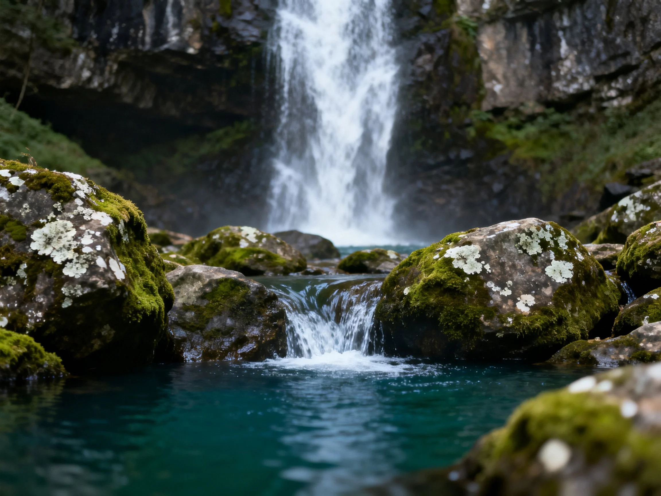 Moss-covered rocks surround a turquoise waterfall cascade