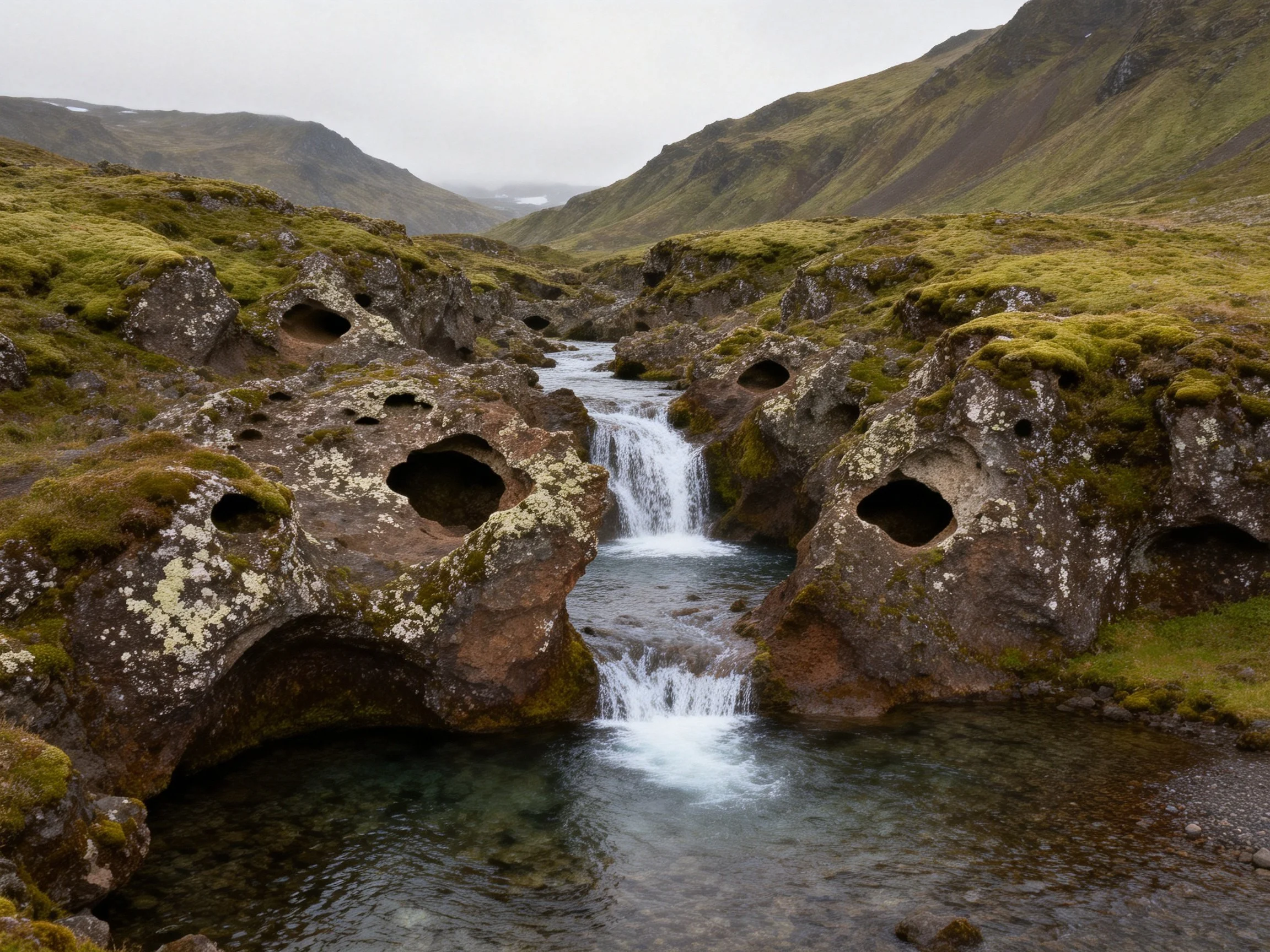 Moss-covered rocky formations frame a stream with small waterfalls