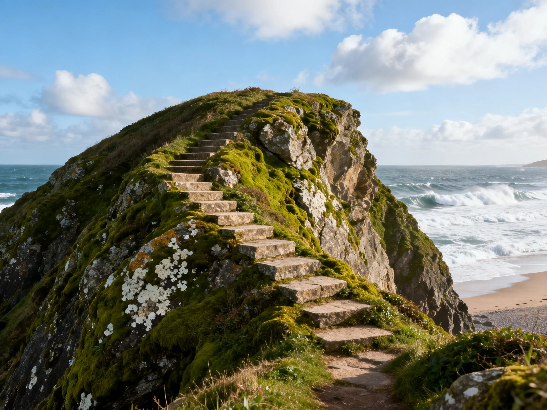 Moss-covered stone stairs lead down to a sandy beach by the ocean