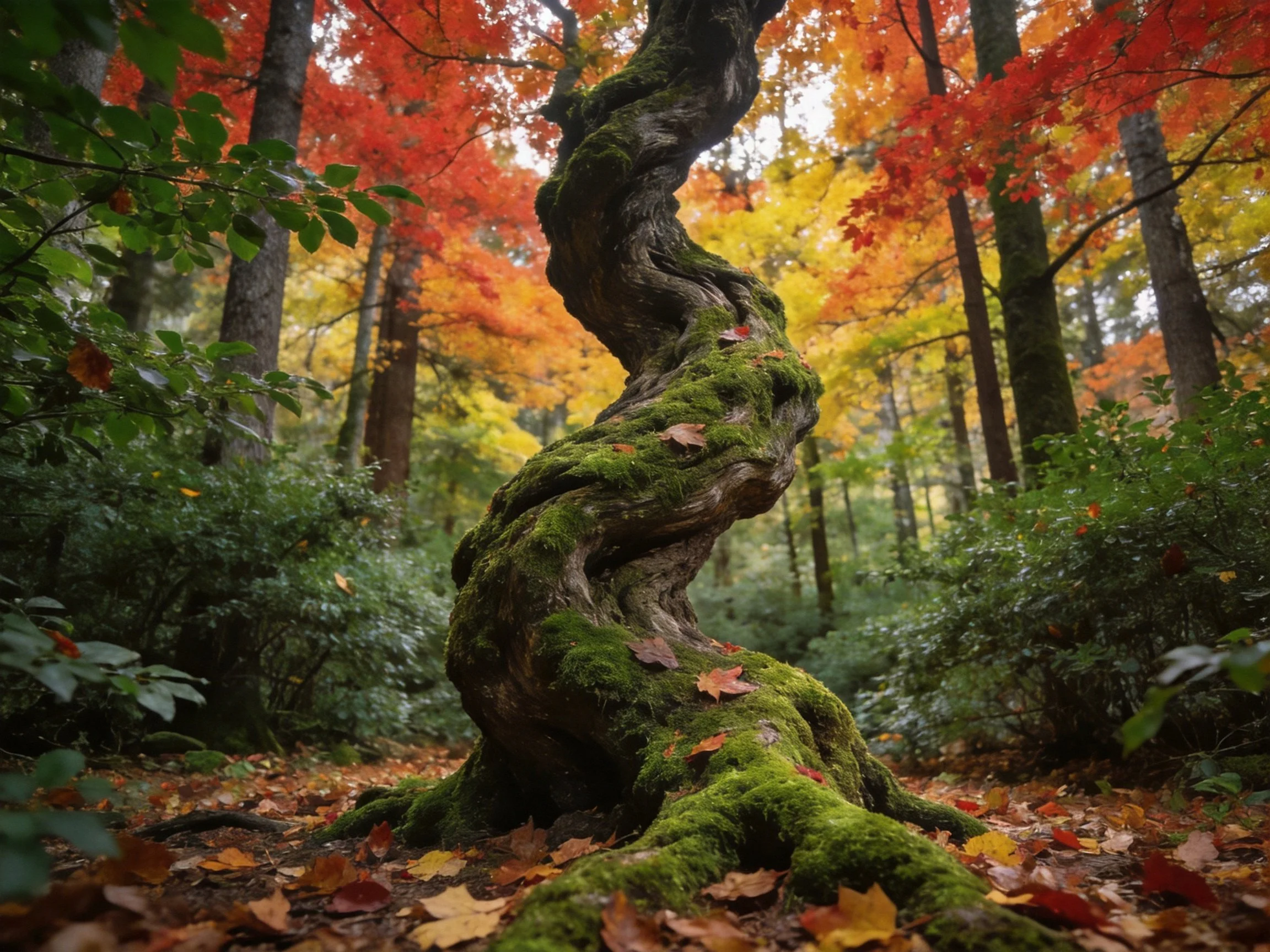 Moss-covered twisted tree in colorful autumn forest