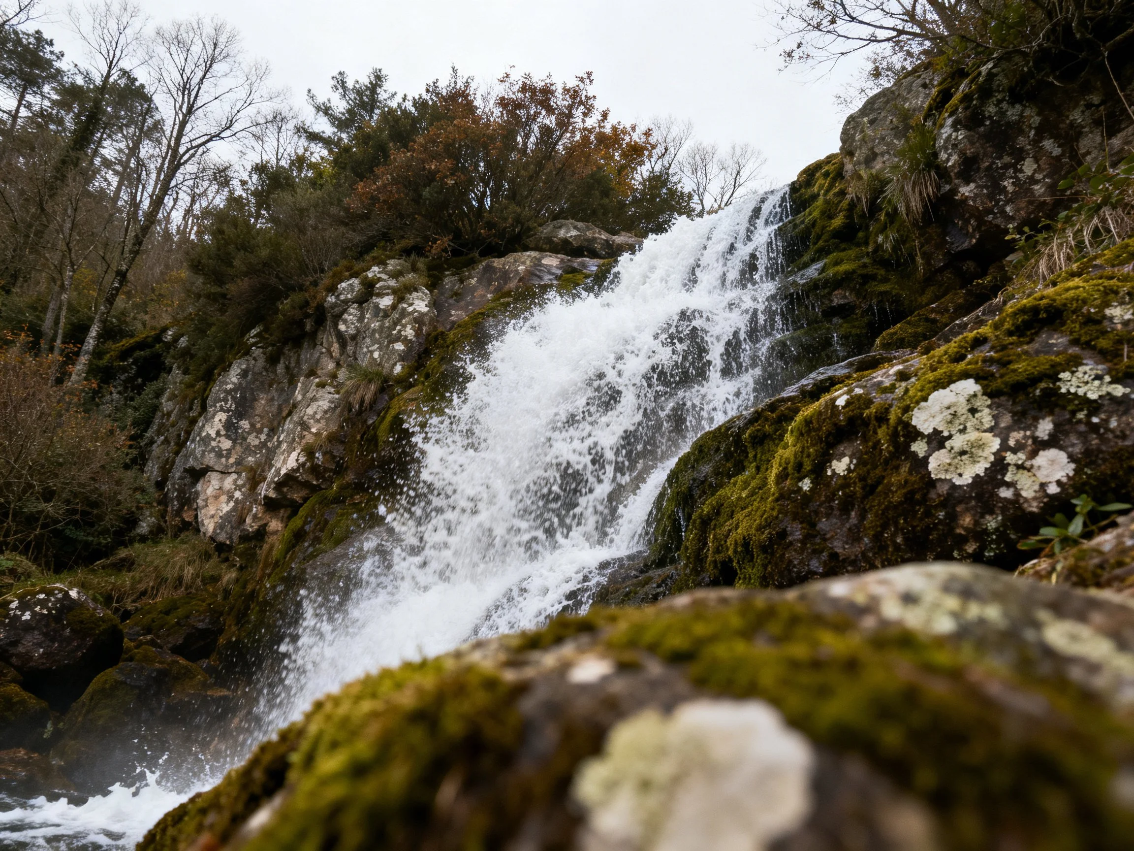 Moss-covered waterfall cascades down rocky cliffside with forest backdrop