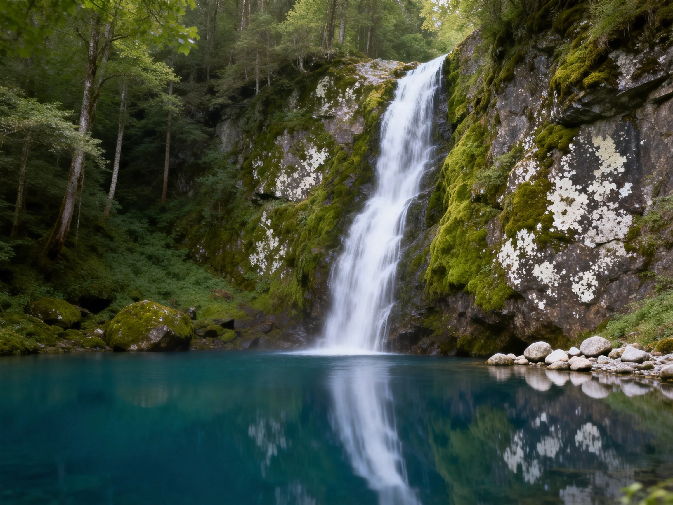 Moss-covered waterfall cascades into turquoise pool in dense forest