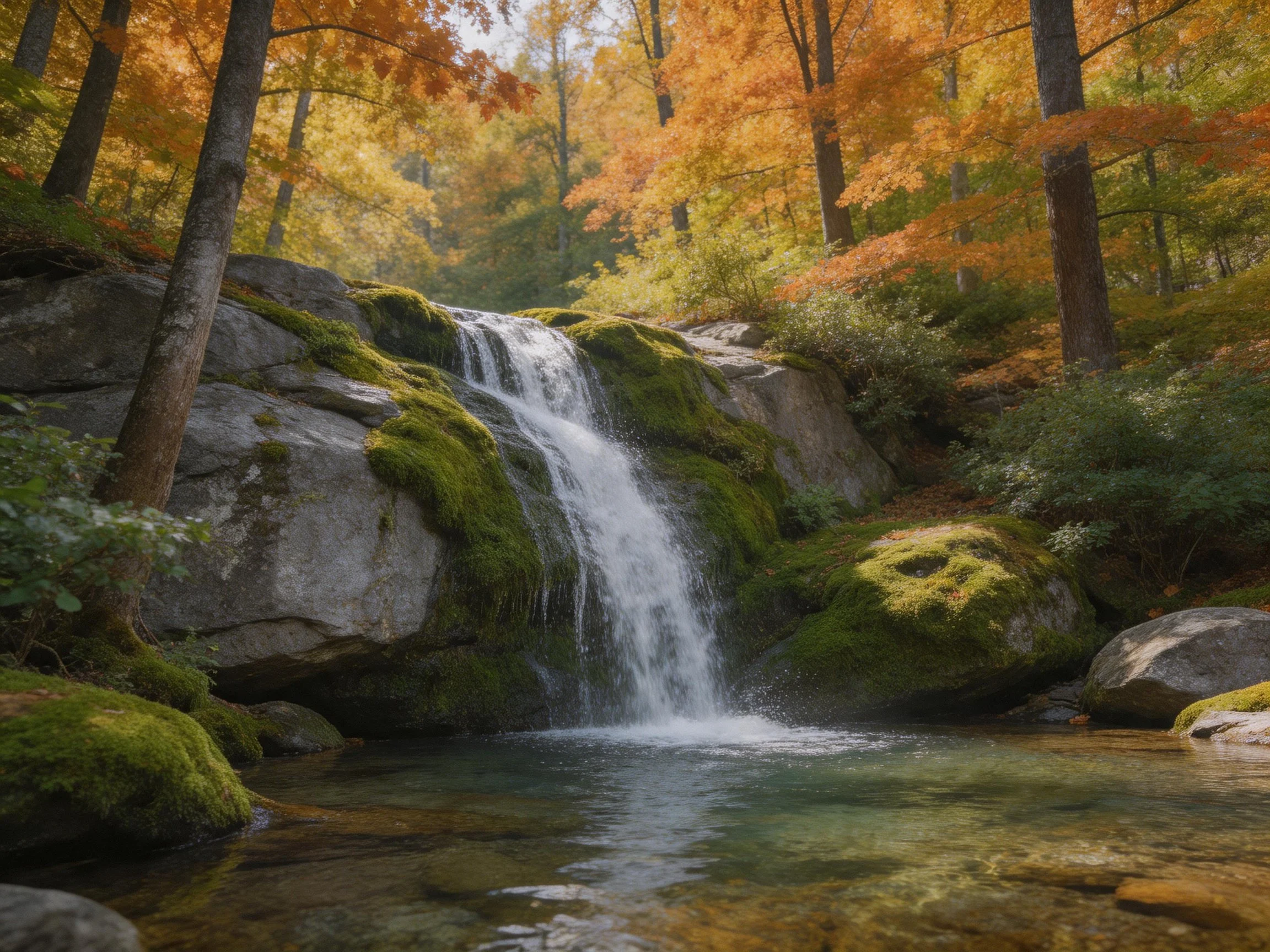 Moss-covered waterfall in autumn forest with golden foliage