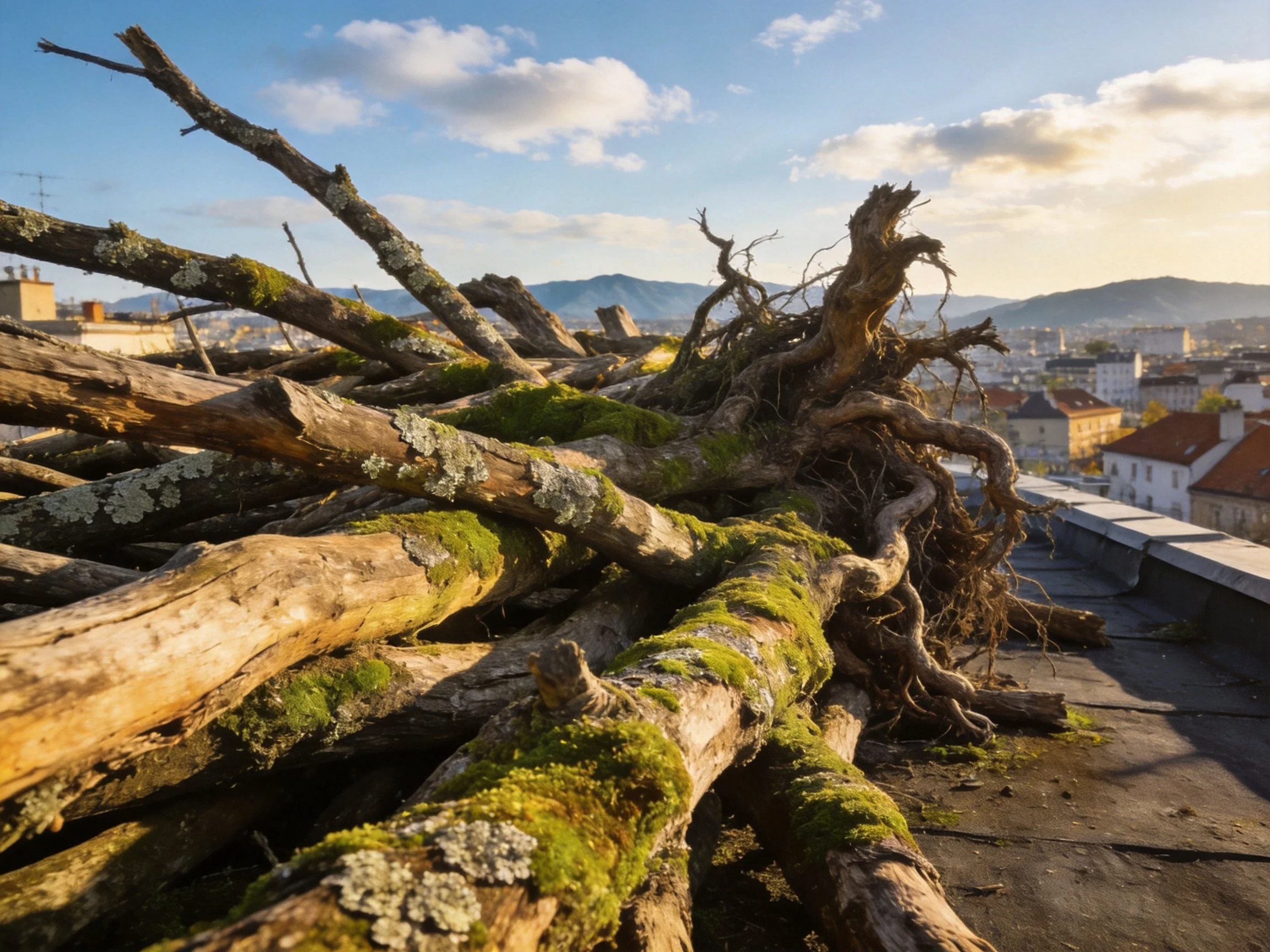 Moss-draped fallen tree trunks on a rooftop with city and mountain view