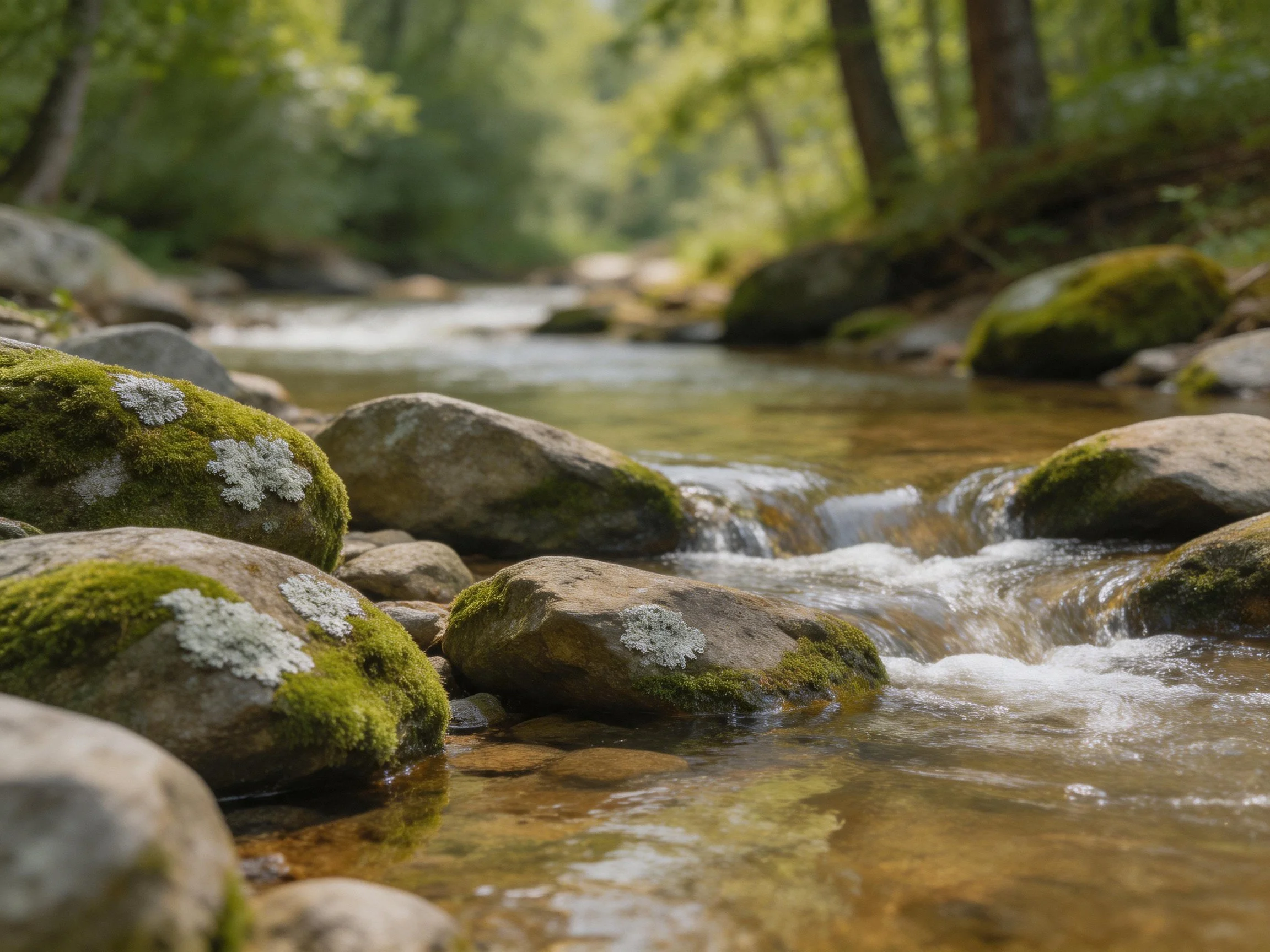 Moss-draped rocks along a clear forest stream
