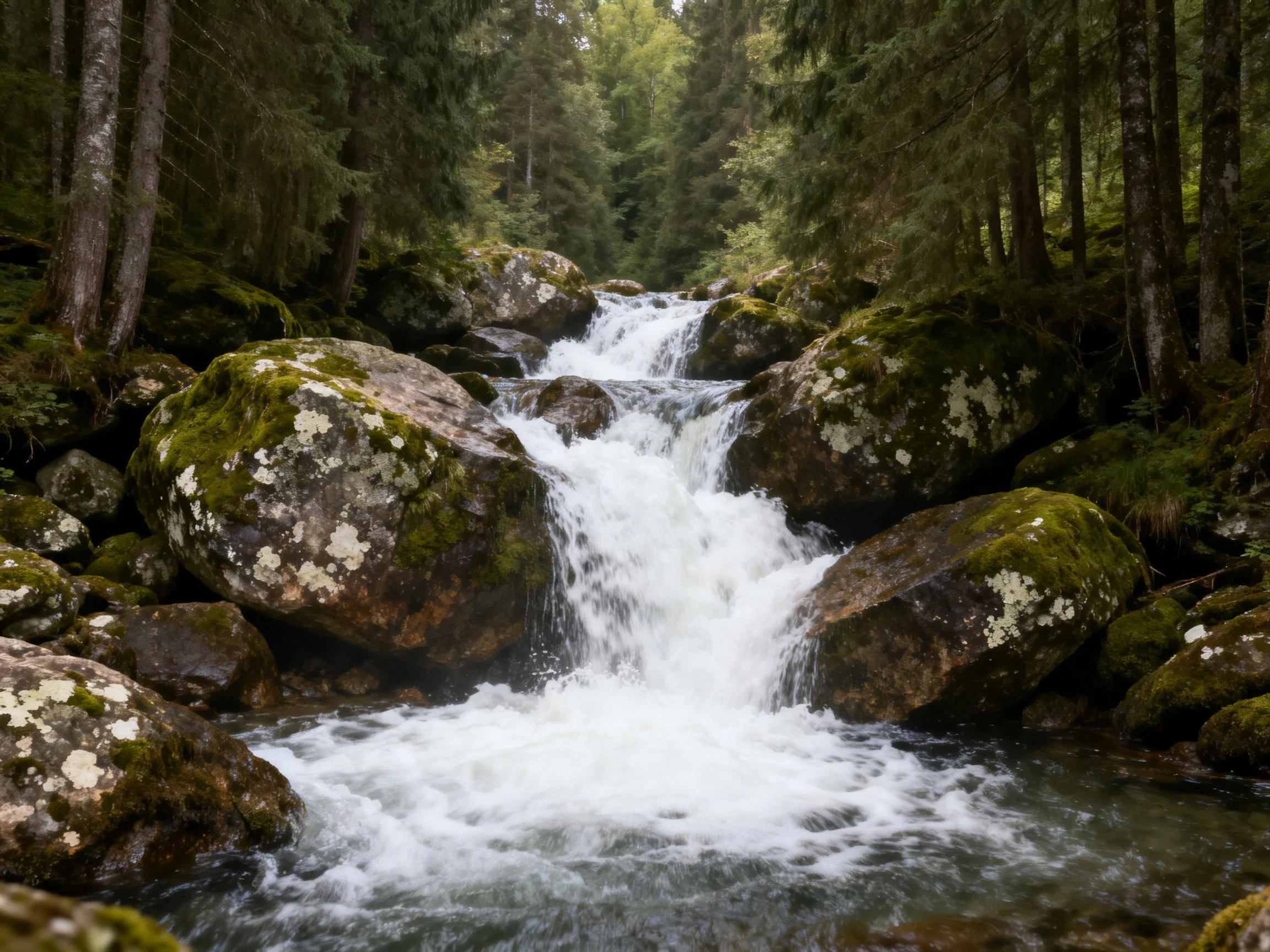 Moss-draped rocks frame a rushing forest stream waterfall