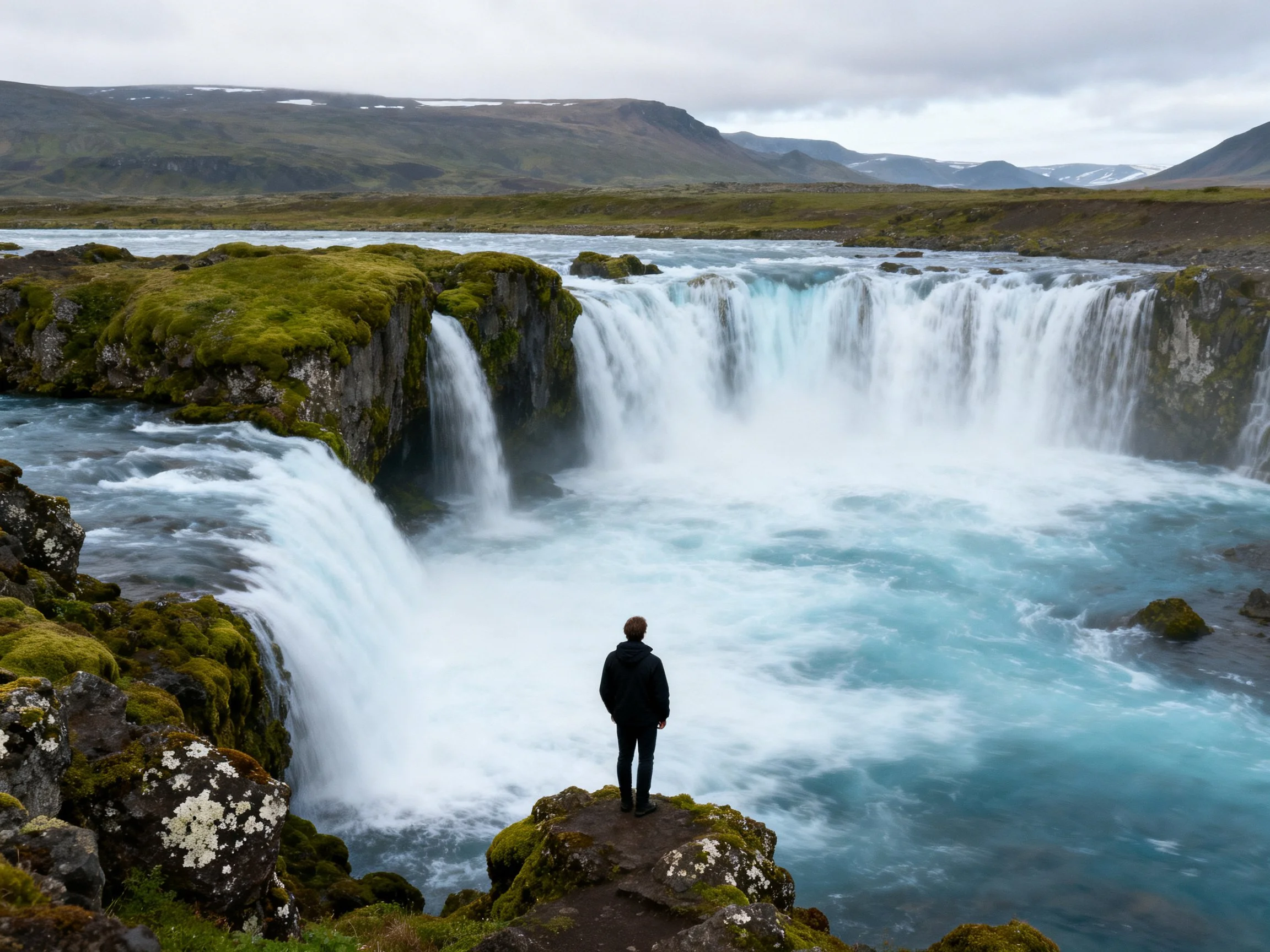 Mossy cliffs frame a massive turquoise waterfall with a lone observer