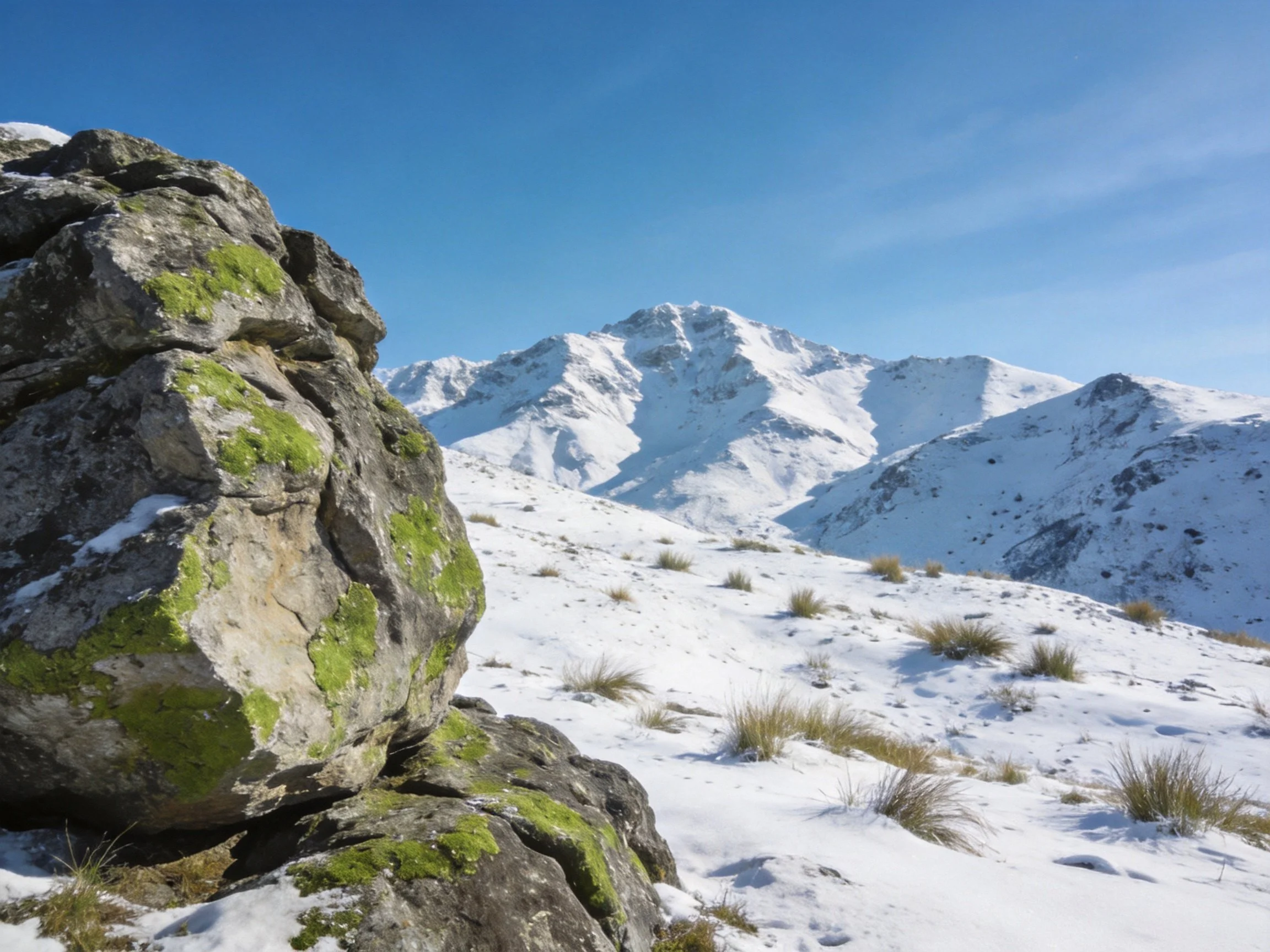 Mossy rock near snow - capped mountain peaks under clear blue sky