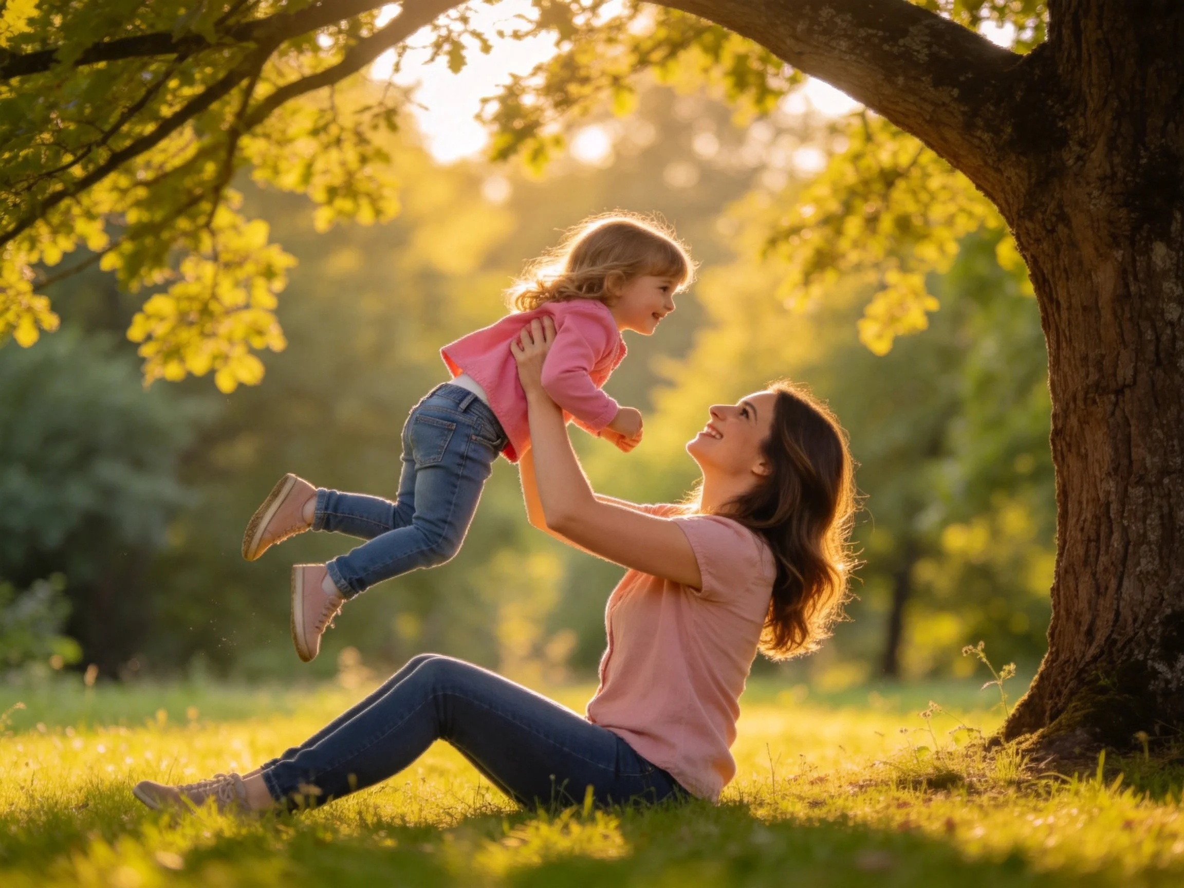 Mother lifting daughter in pink near large tree under golden sunlight