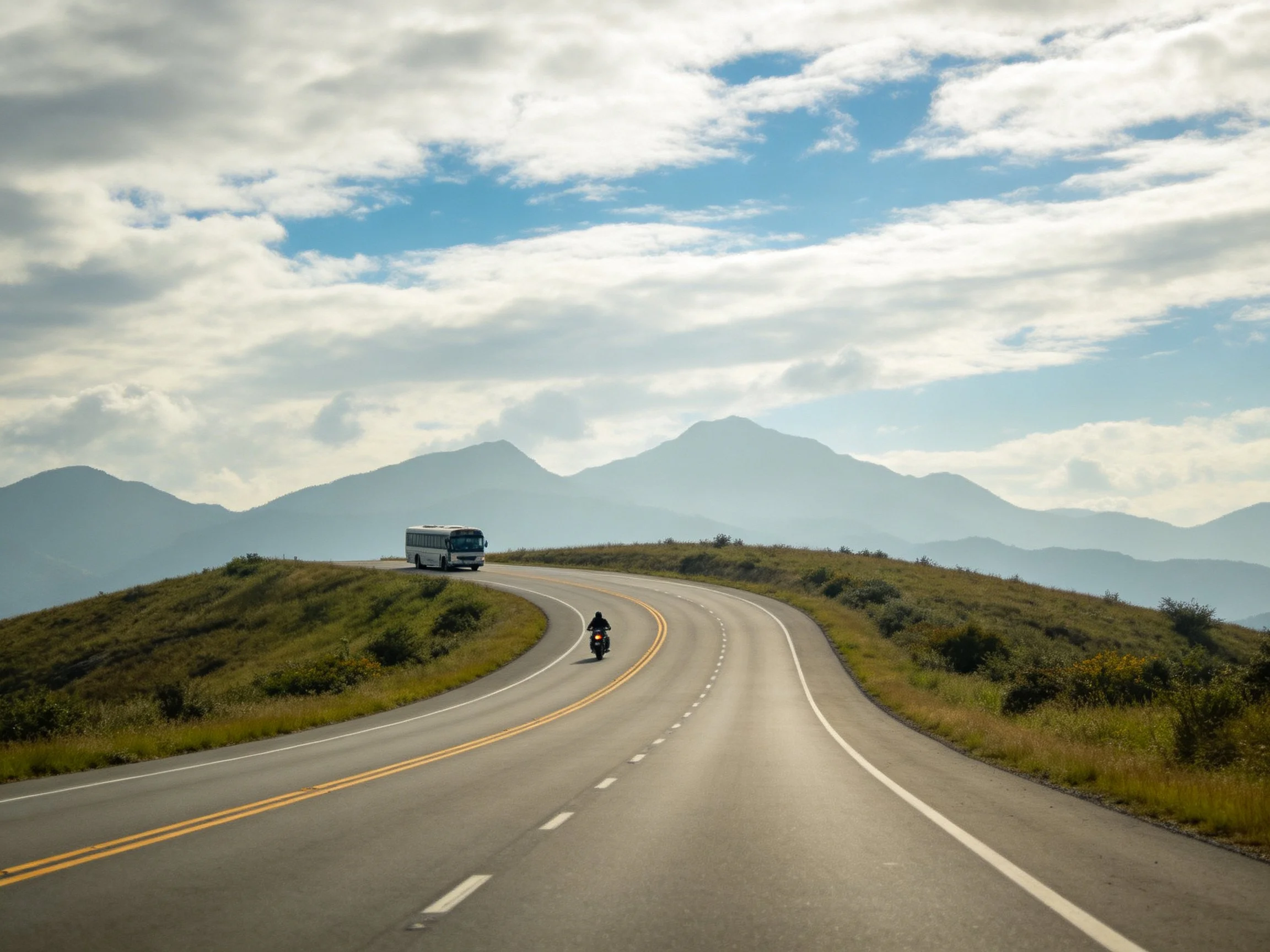 Motorcycle Rider and Bus Traveling on Curved Mountain Road