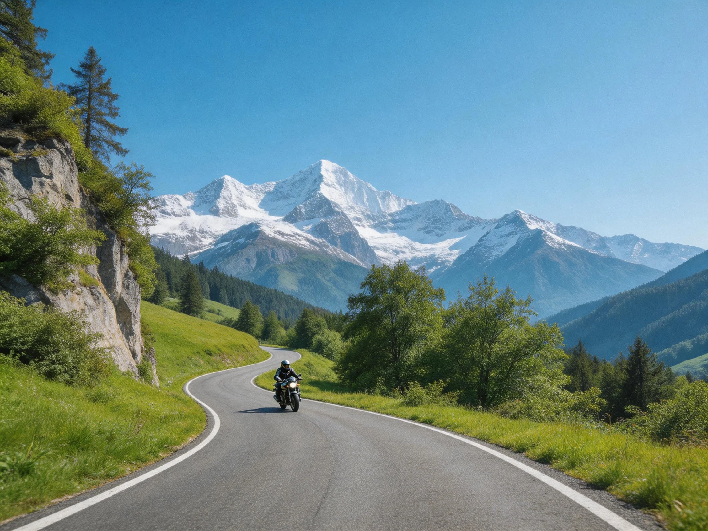 Motorcyclist navigates curving mountain road beside snow-capped peaks