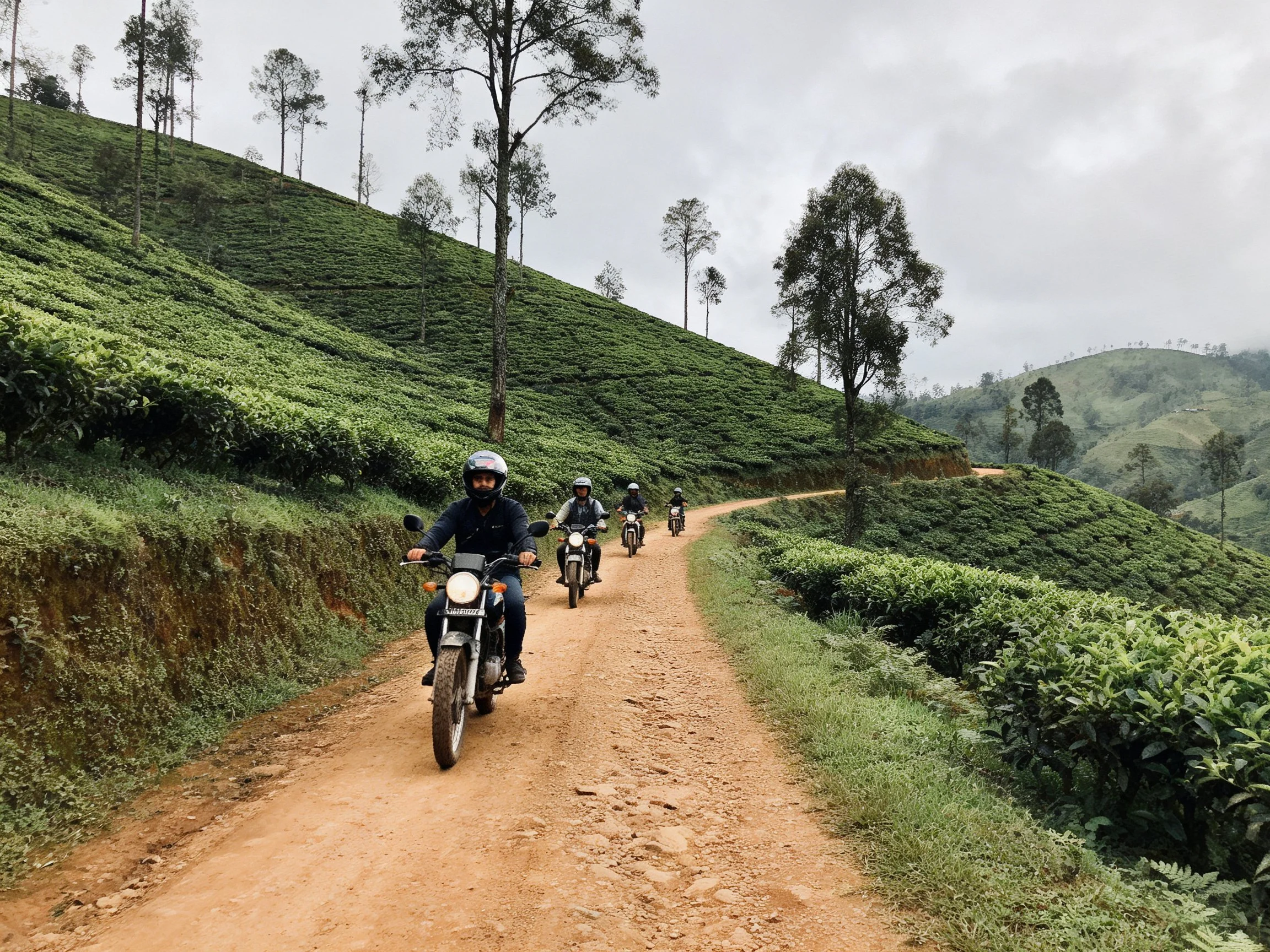 Motorcyclists ride along winding dirt path through lush green hills