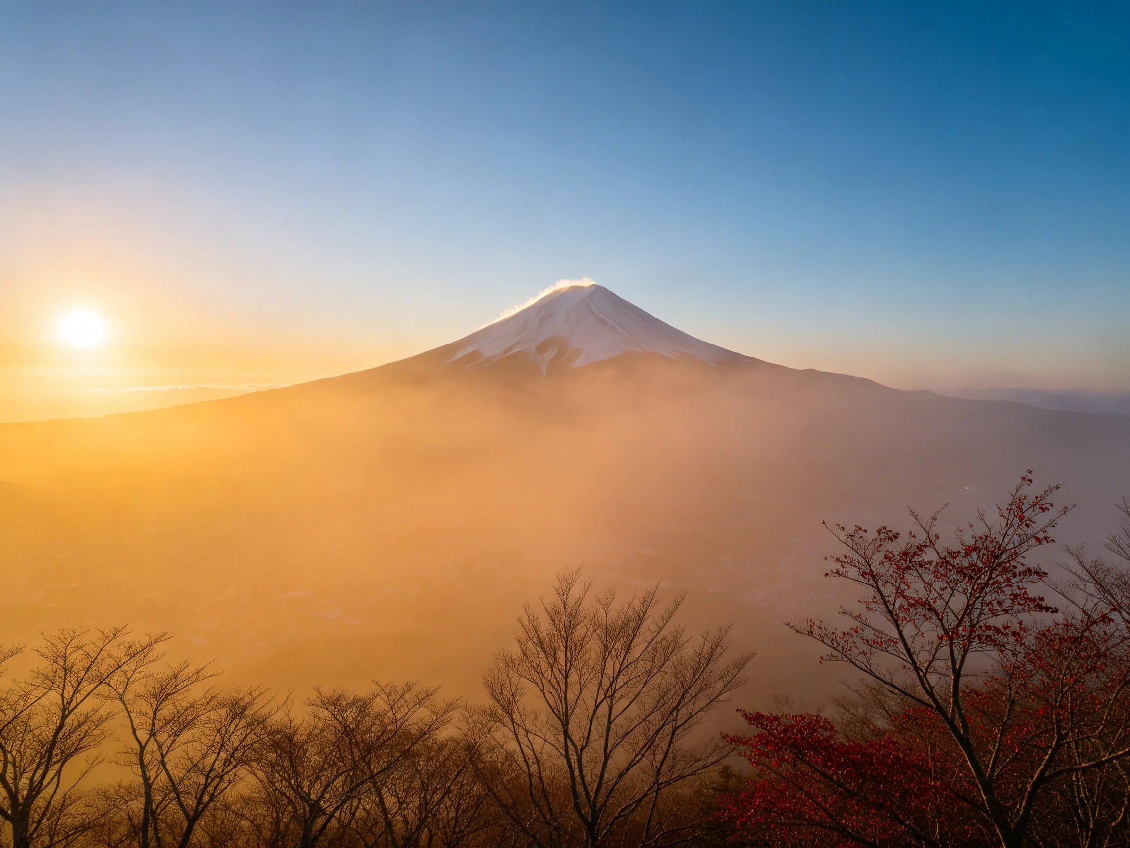 Mount Fuji at Sunrise with Misty Valley and Autumn Foliage