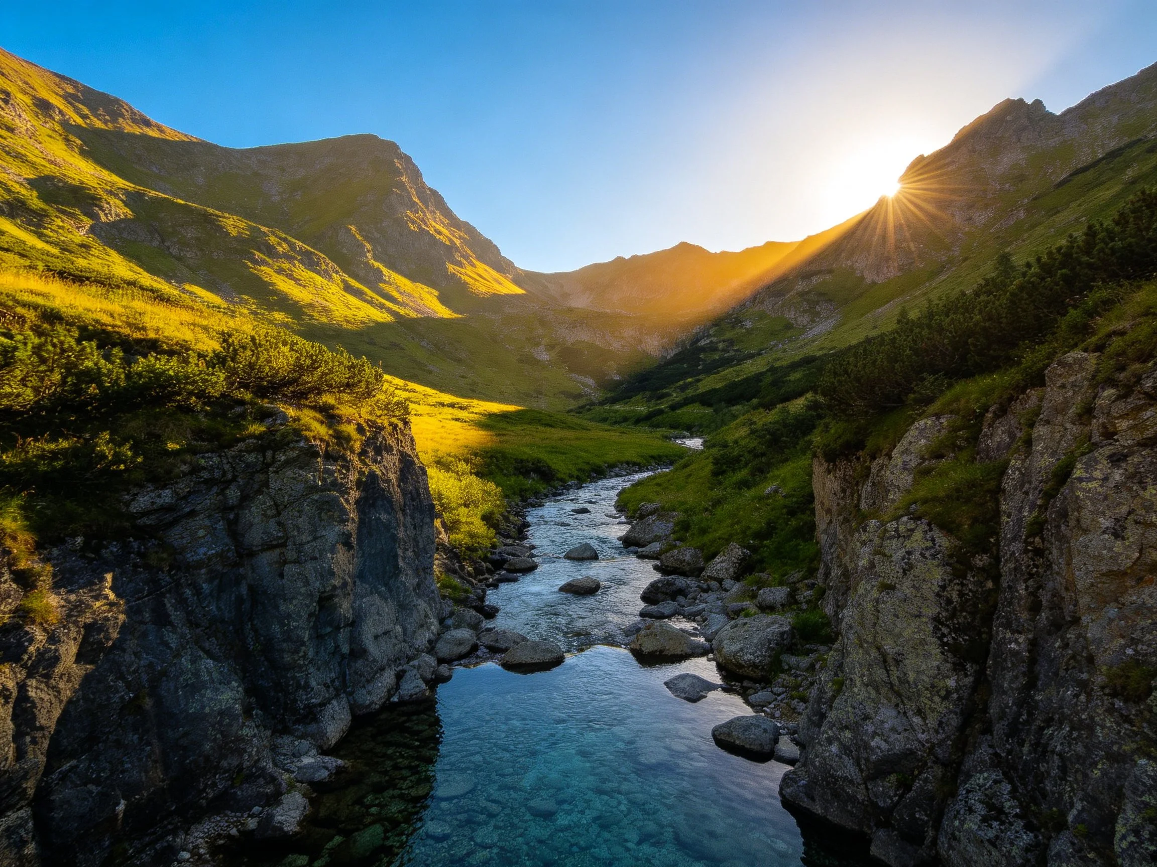Mountain Gorge Stream Under Golden Sunset