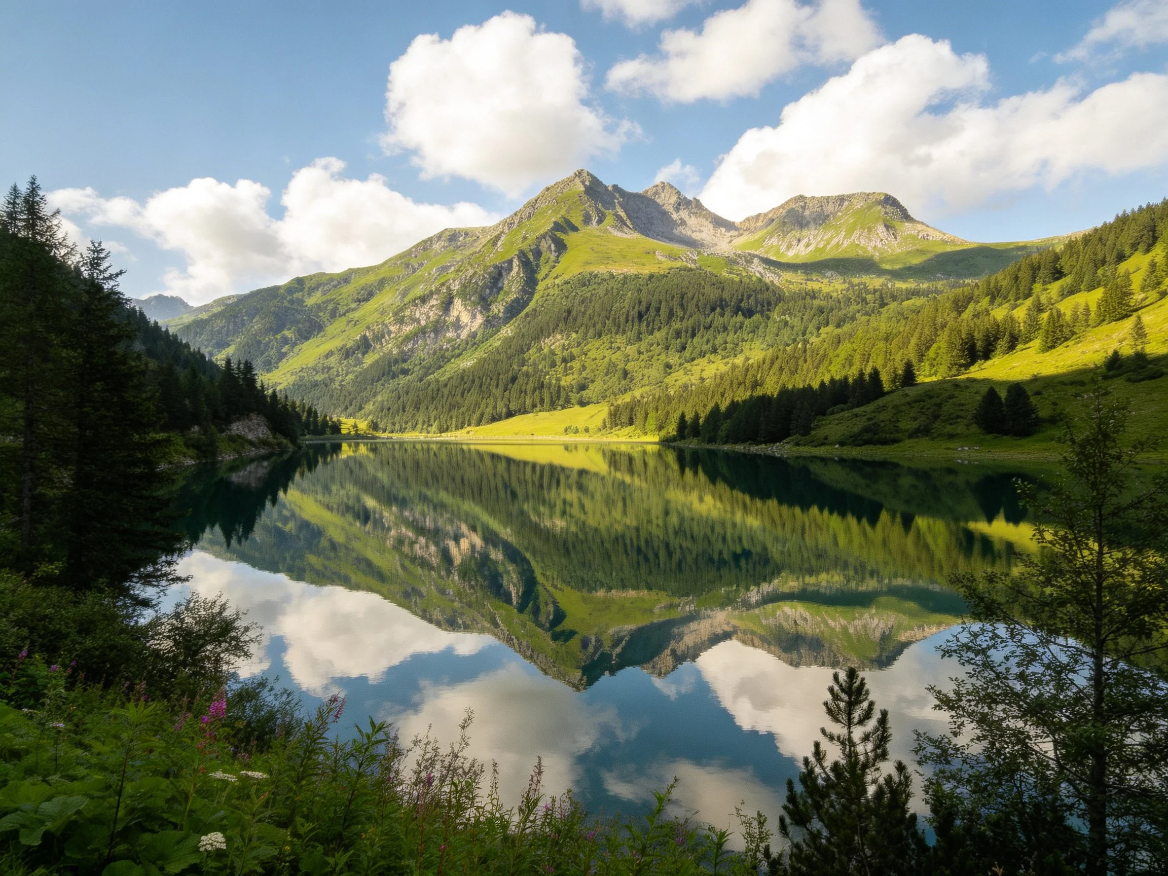 Mountain Lake Reflection with Lush Greenery and Clear Sky