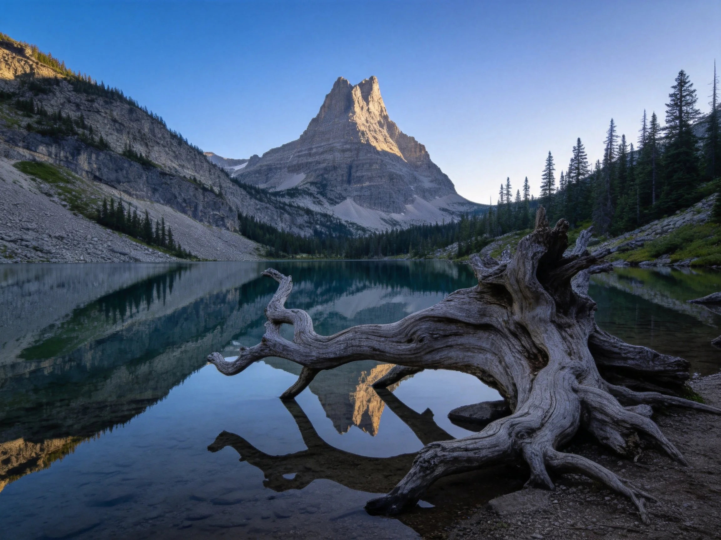 Mountain Peak Reflecting in Crystal Clear Lake with Ancient Driftwood