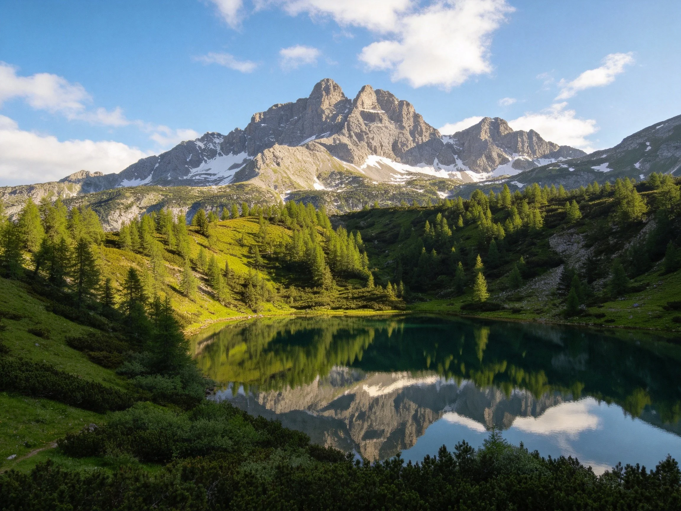 Mountain Peaks Reflecting in a Calm Lake with Lush Greenery