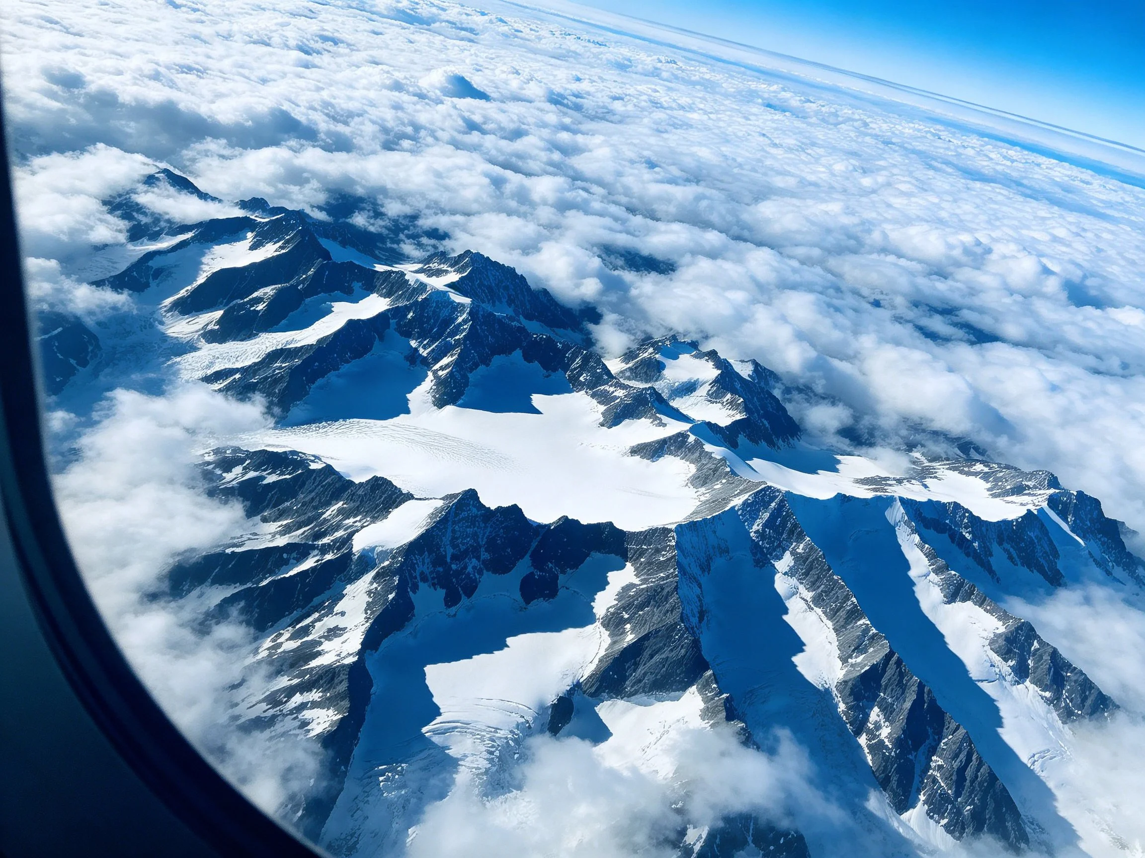 Mountain Peaks with Snow and Clouds from Airplane Window View
