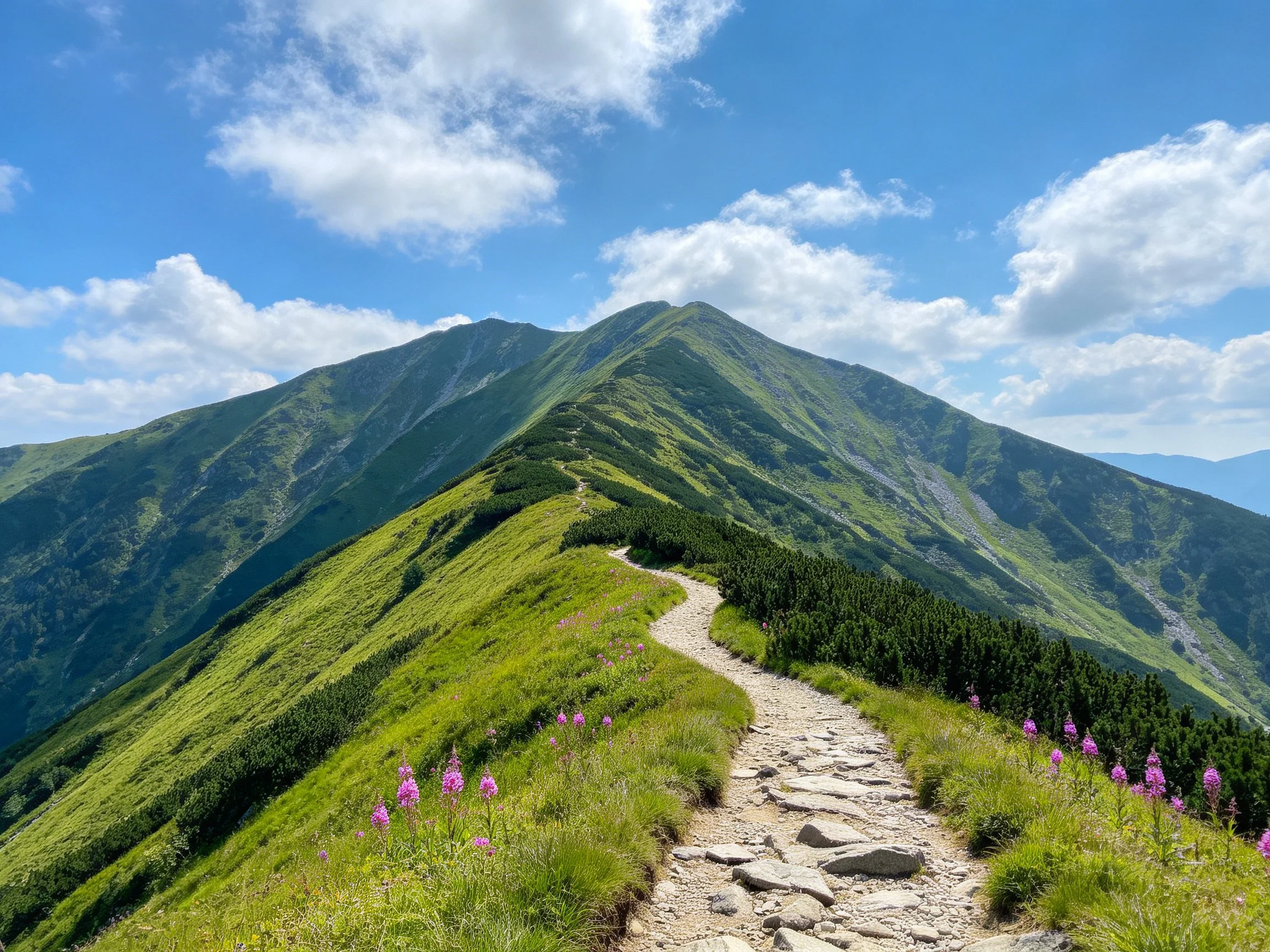 Mountain Ridge Trail with Lush Green Slopes and Purple Wildflowers