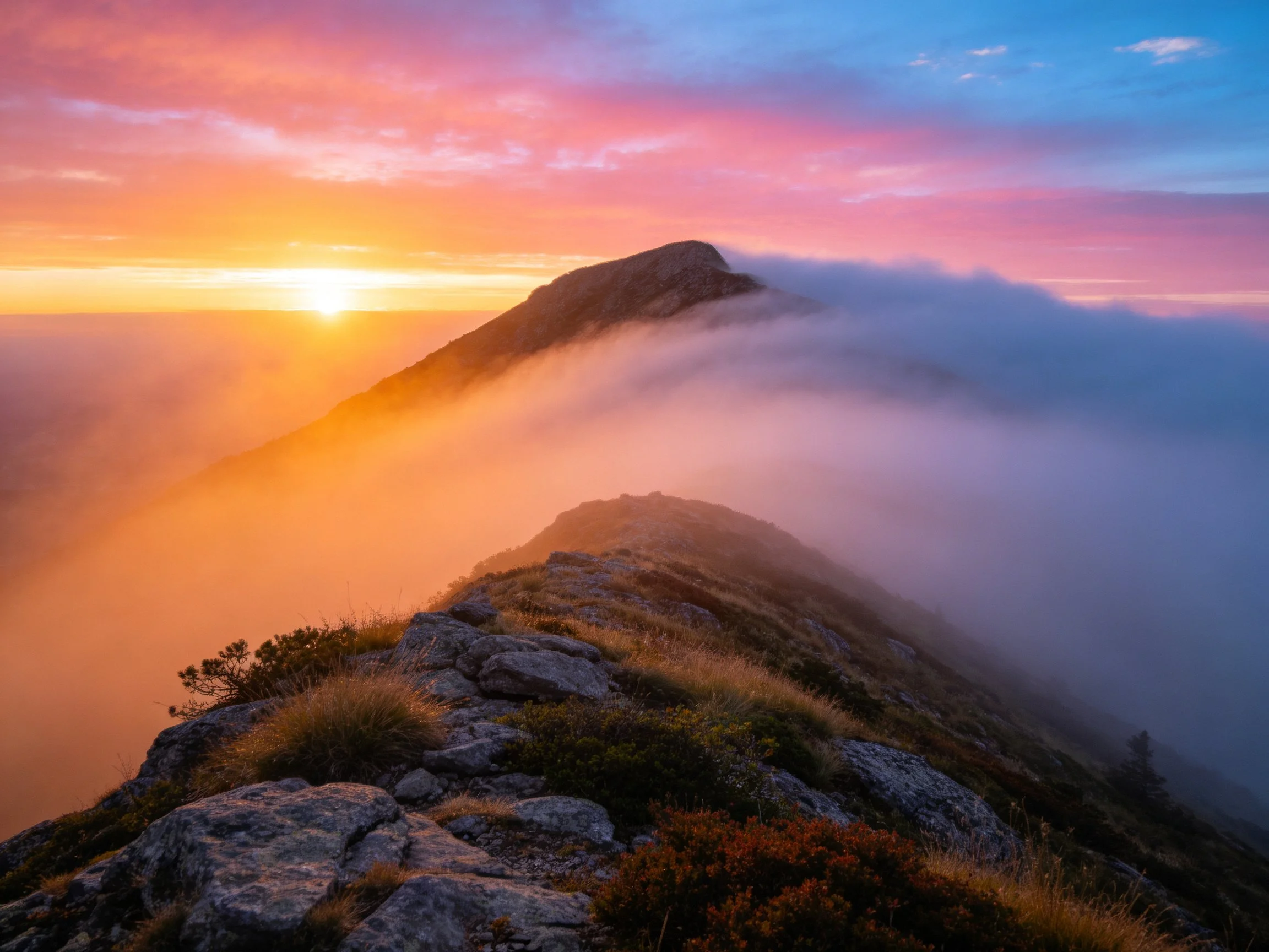 Mountain Ridge at Sunrise with Foggy Valley and Colorful Sky