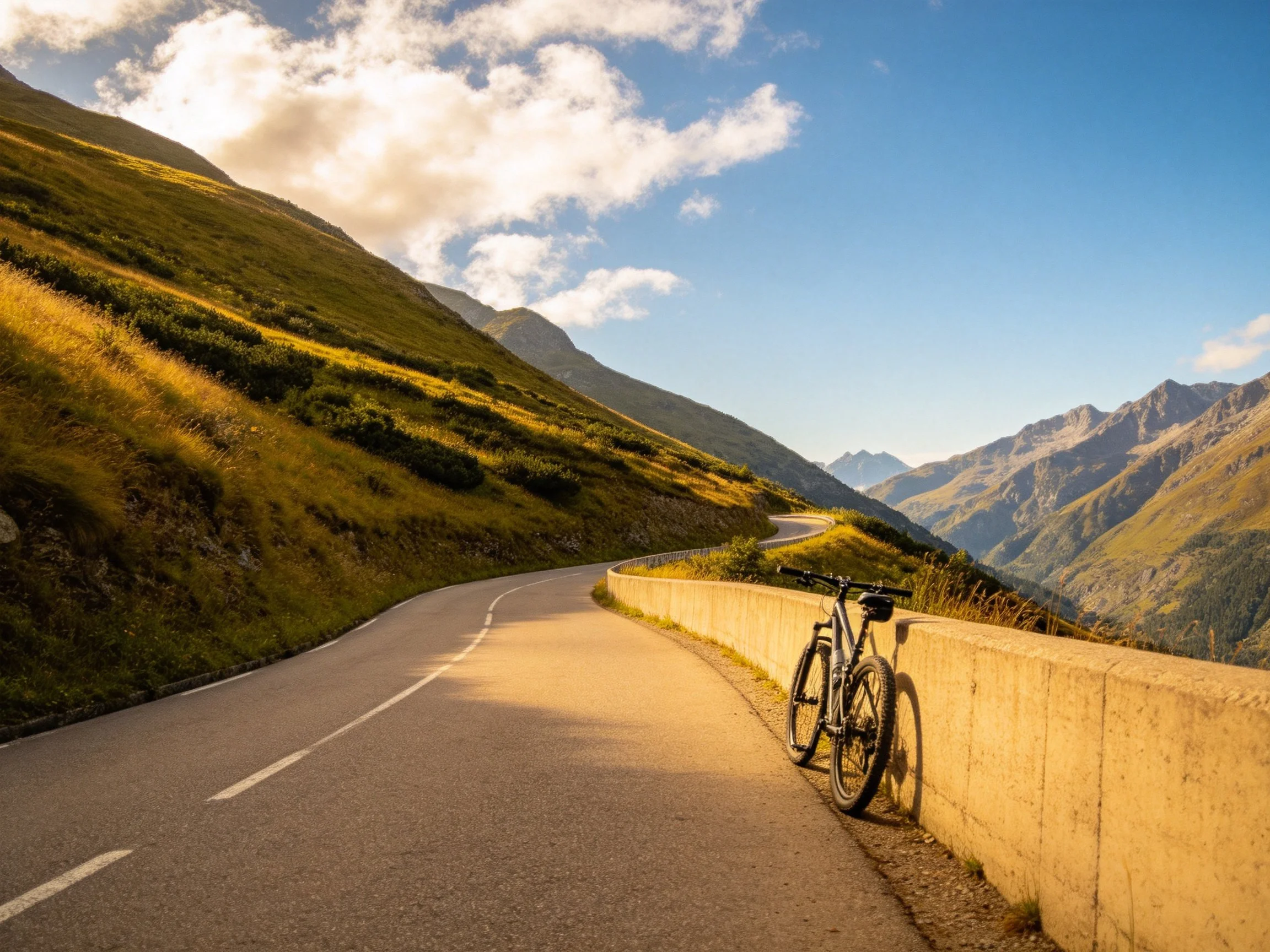 Mountain Road with Bicycle Near Concrete Barrier Under Golden Light