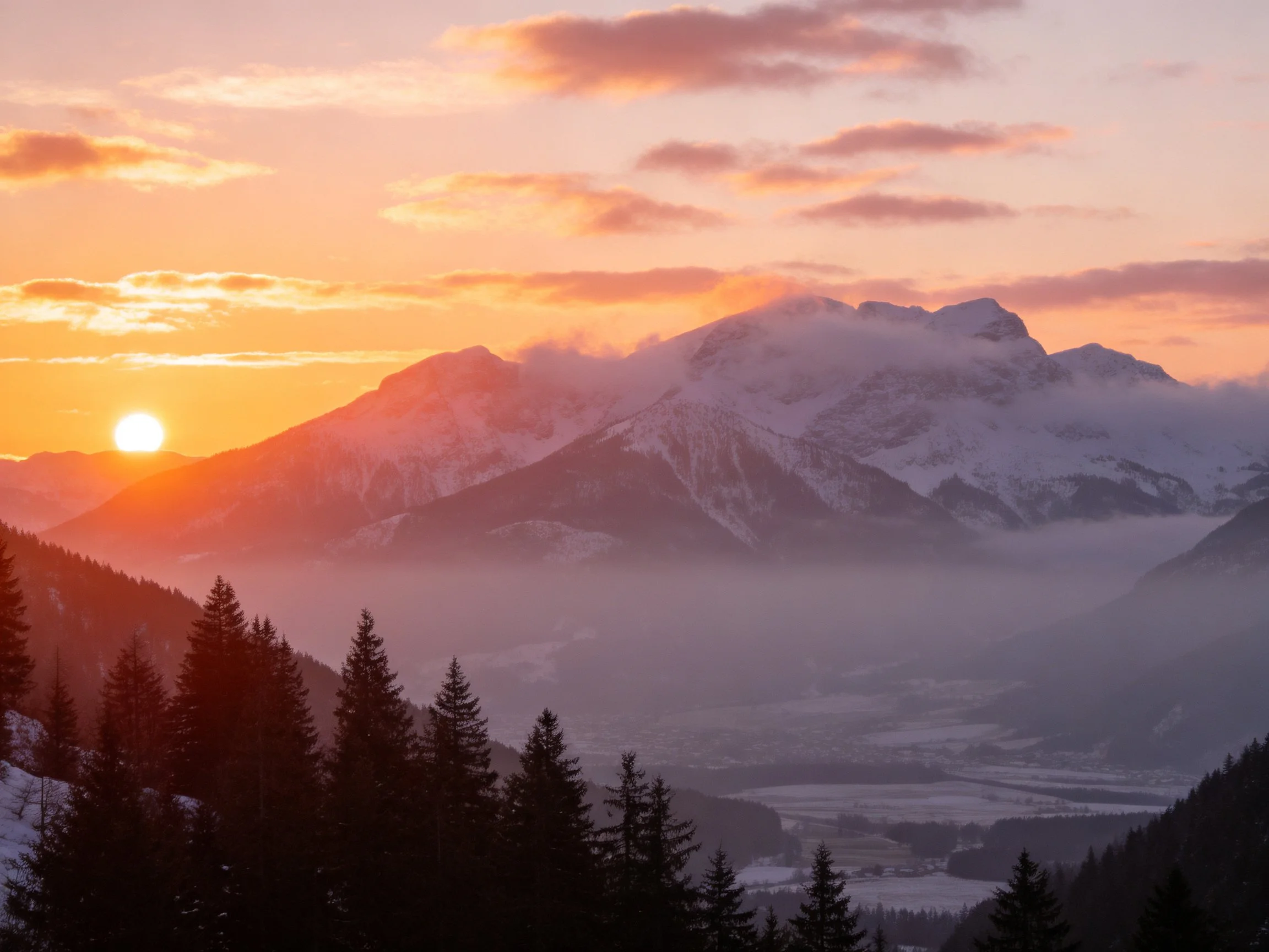 Mountain Sunset with Snow-Capped Peaks and Pine Forest
