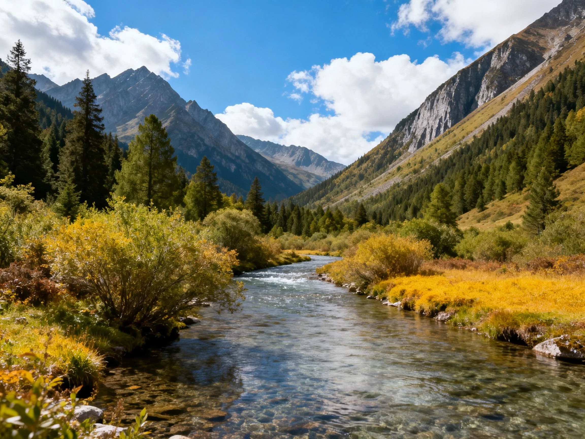 Mountain Valley Stream Amidst Lush Forests and Rocky Peaks