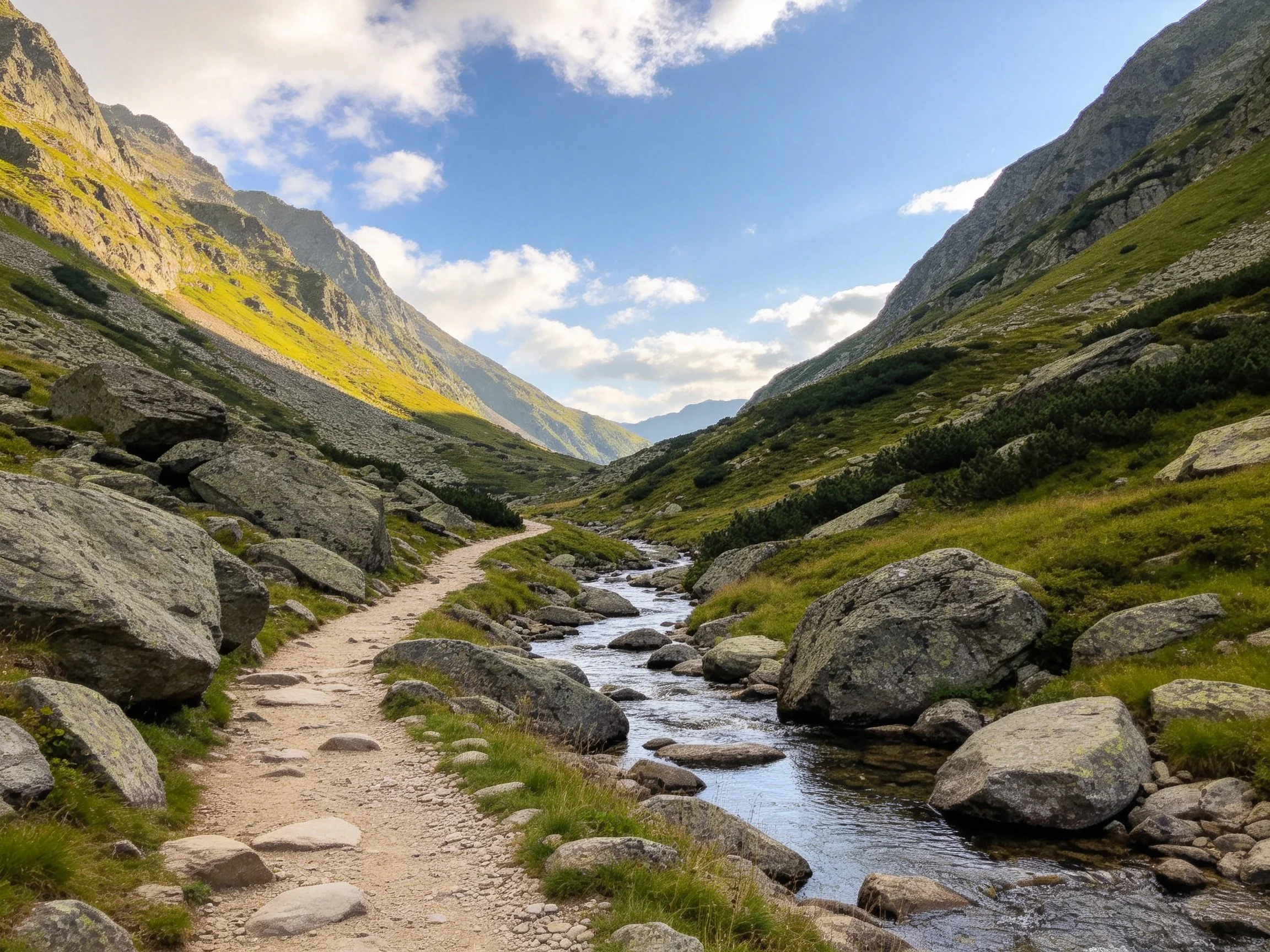 Mountain Valley Stream Path with Large Rocks and Green Sloped Mountains