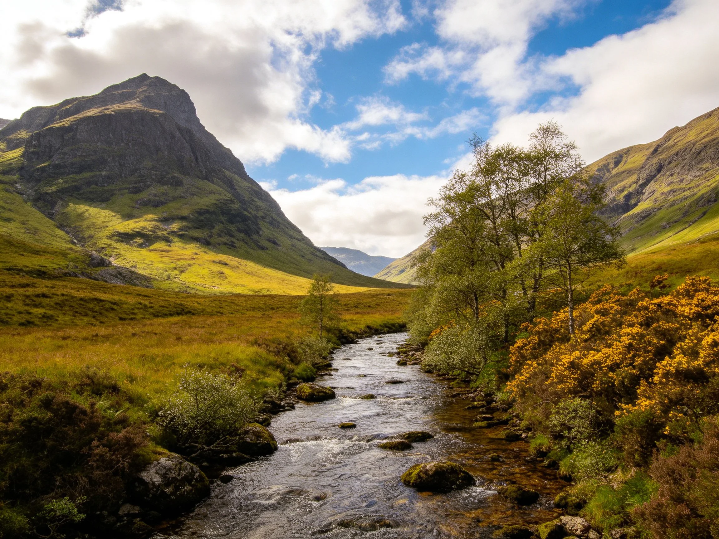 Mountain Valley Stream with Lush Green Hills and Golden Foliage