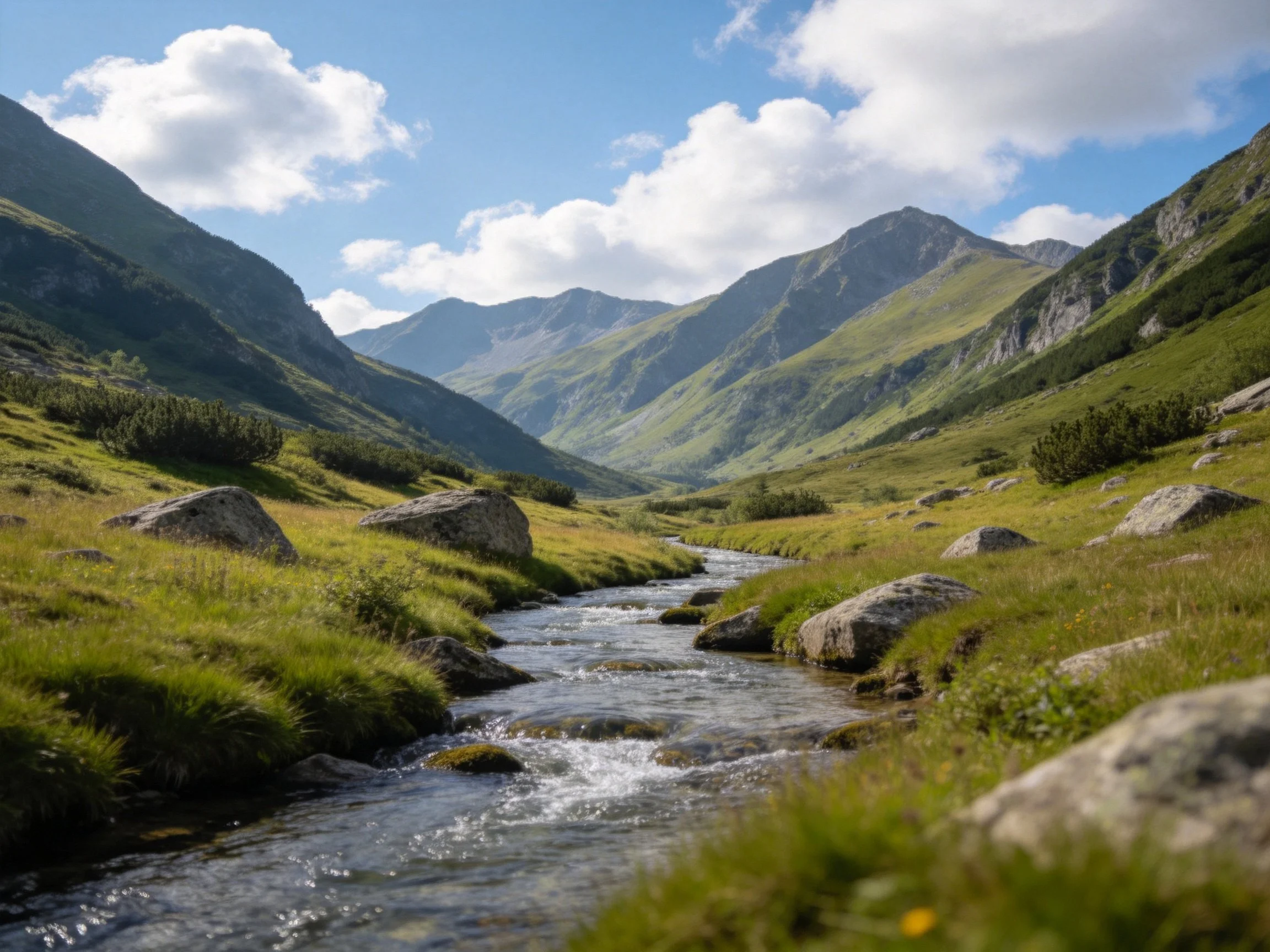 Mountain Valley Stream with Lush Green Slopes and Large Rocks