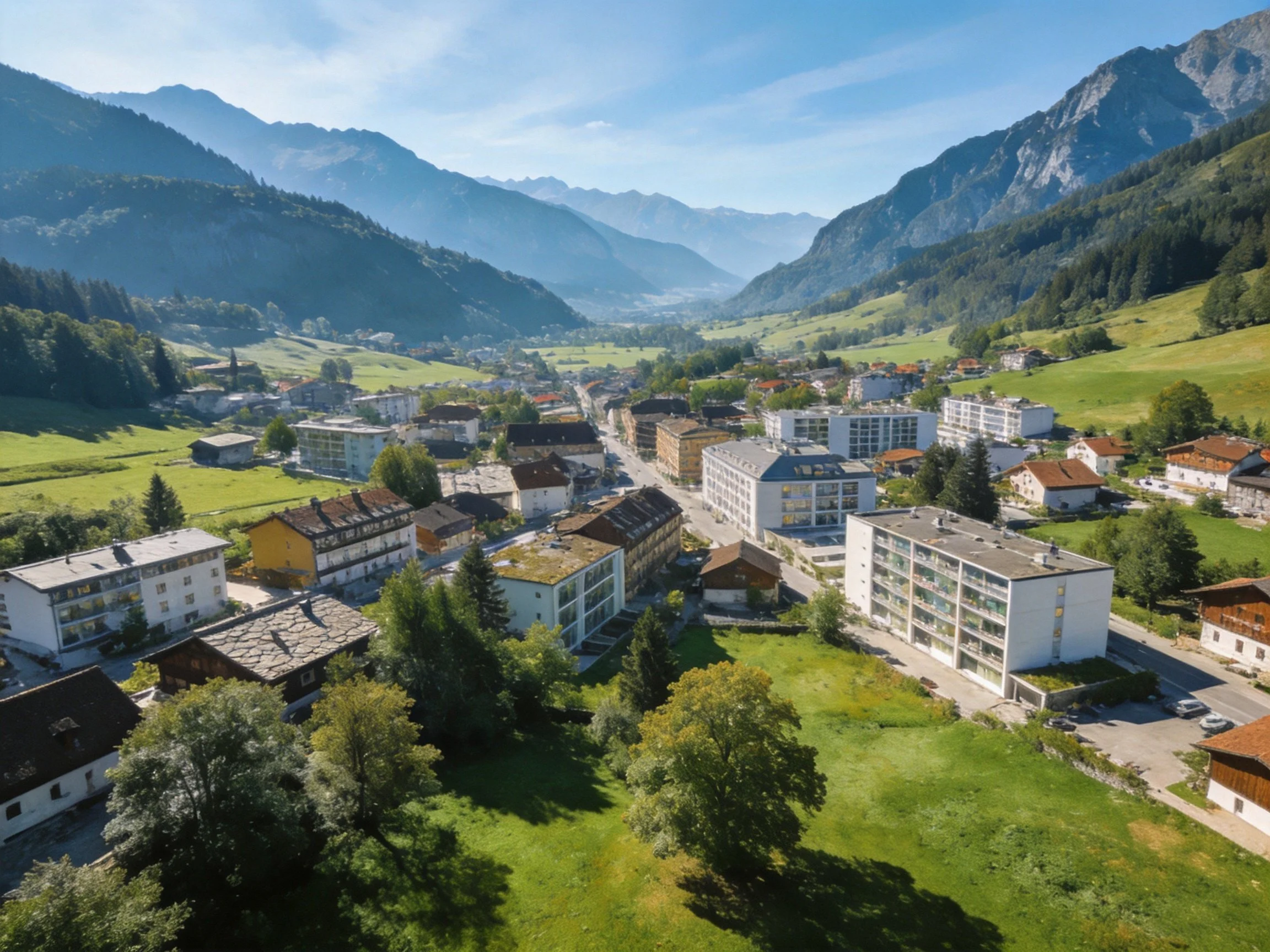 Mountain Valley Town with Diverse Architecture and Lush Green Landscape
