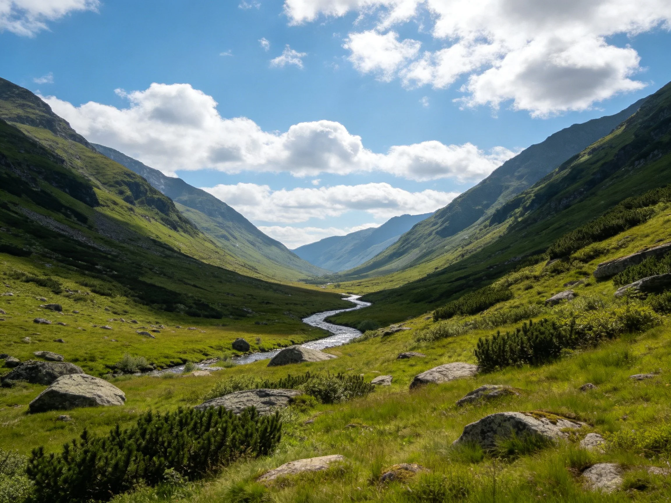 Mountain Valley With Winding Stream and Lush Green Slopes