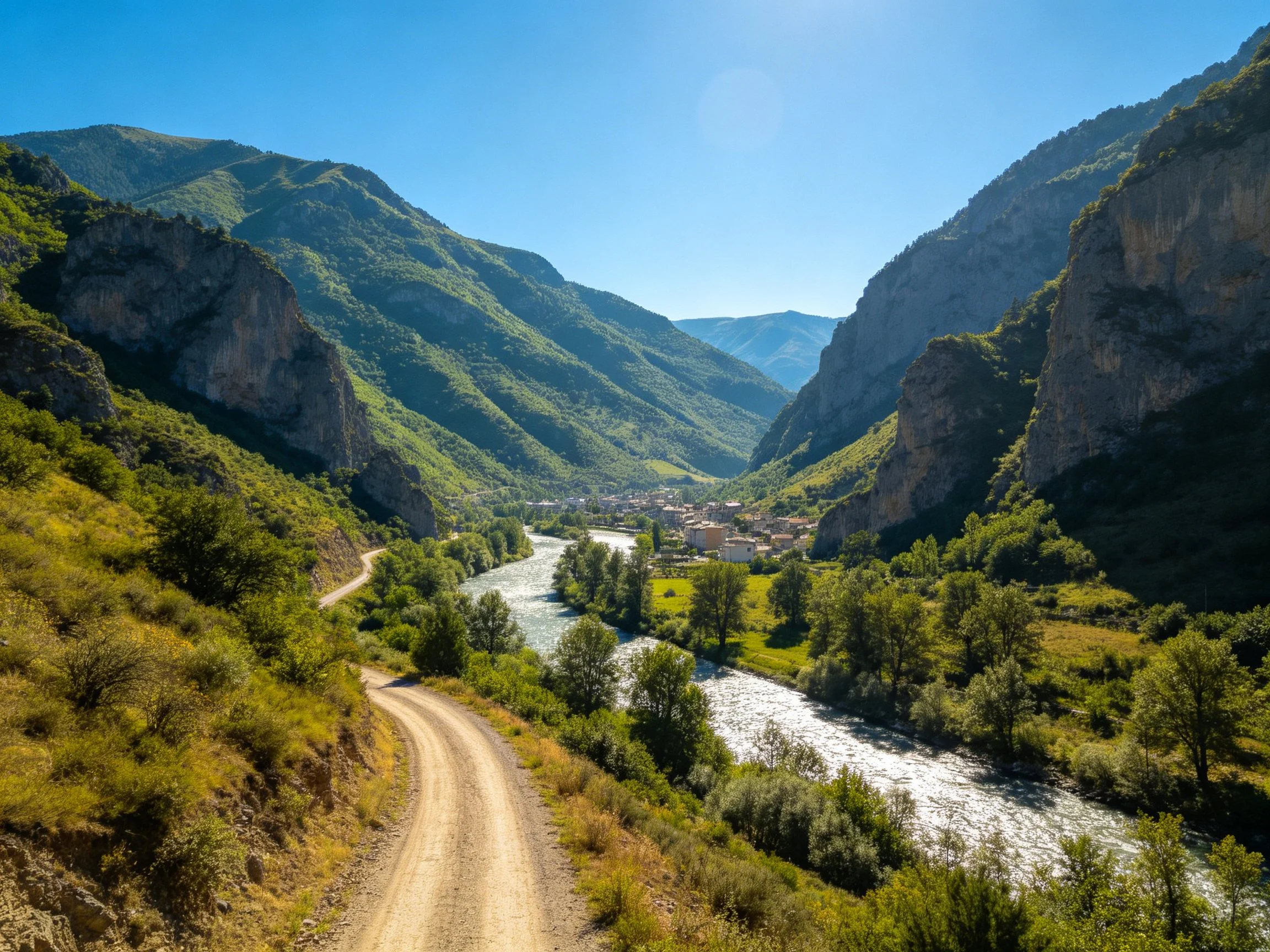Mountain Valley with River, Dirt Road, and Small Town