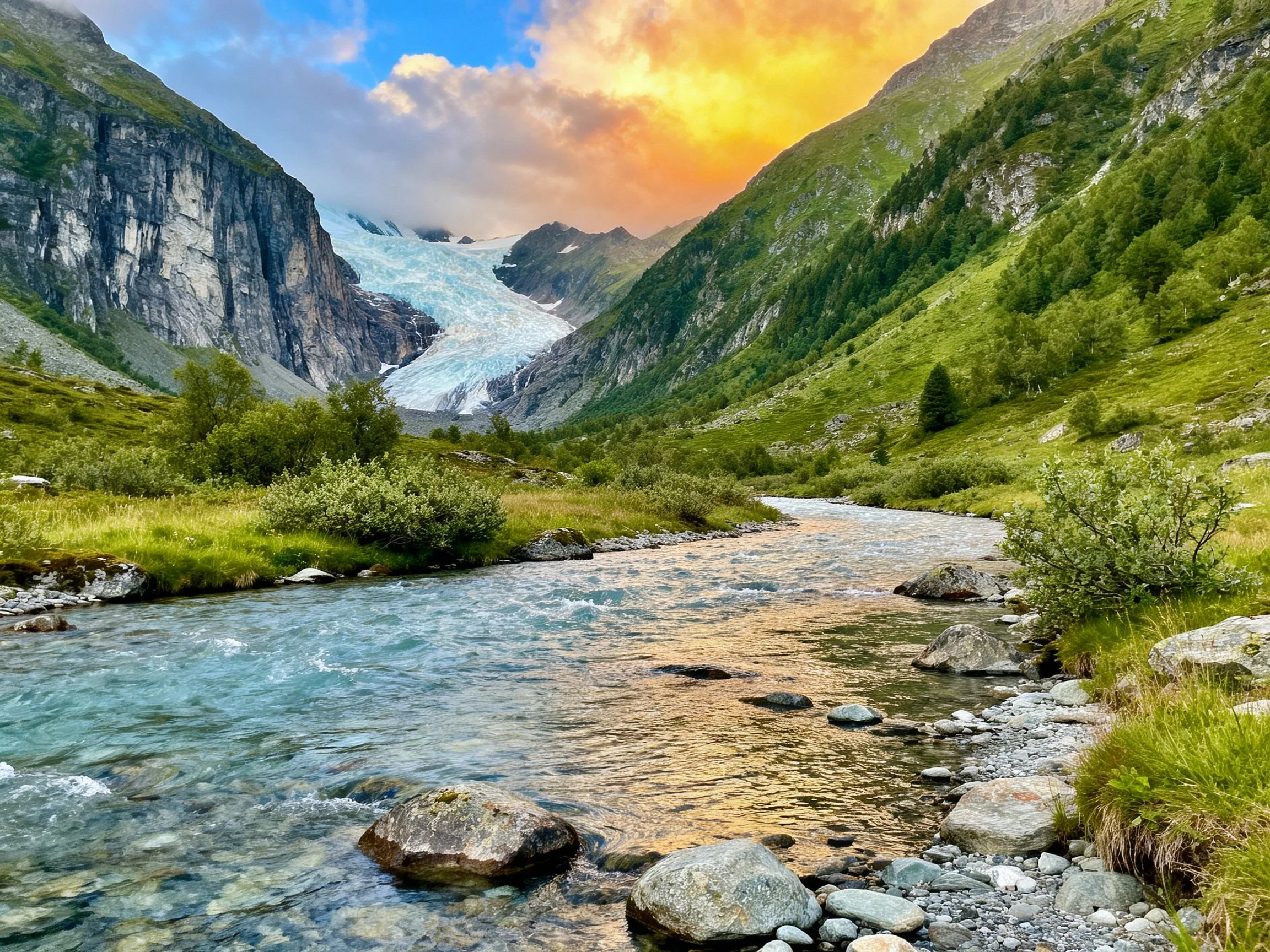 Mountain Valley with River, Glacier, and Golden Sunset