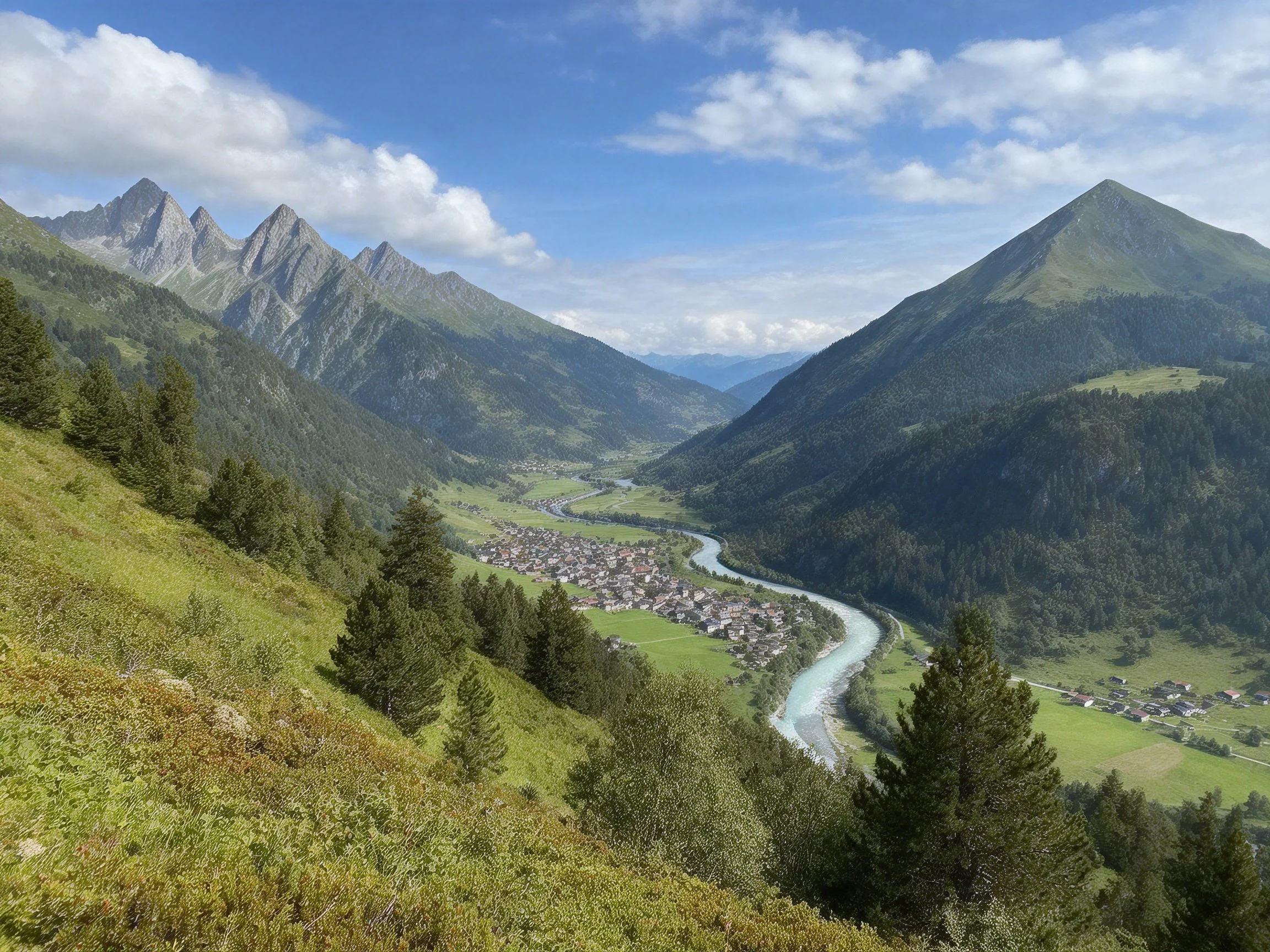 Mountain Valley with Town, River, and Forested Peaks