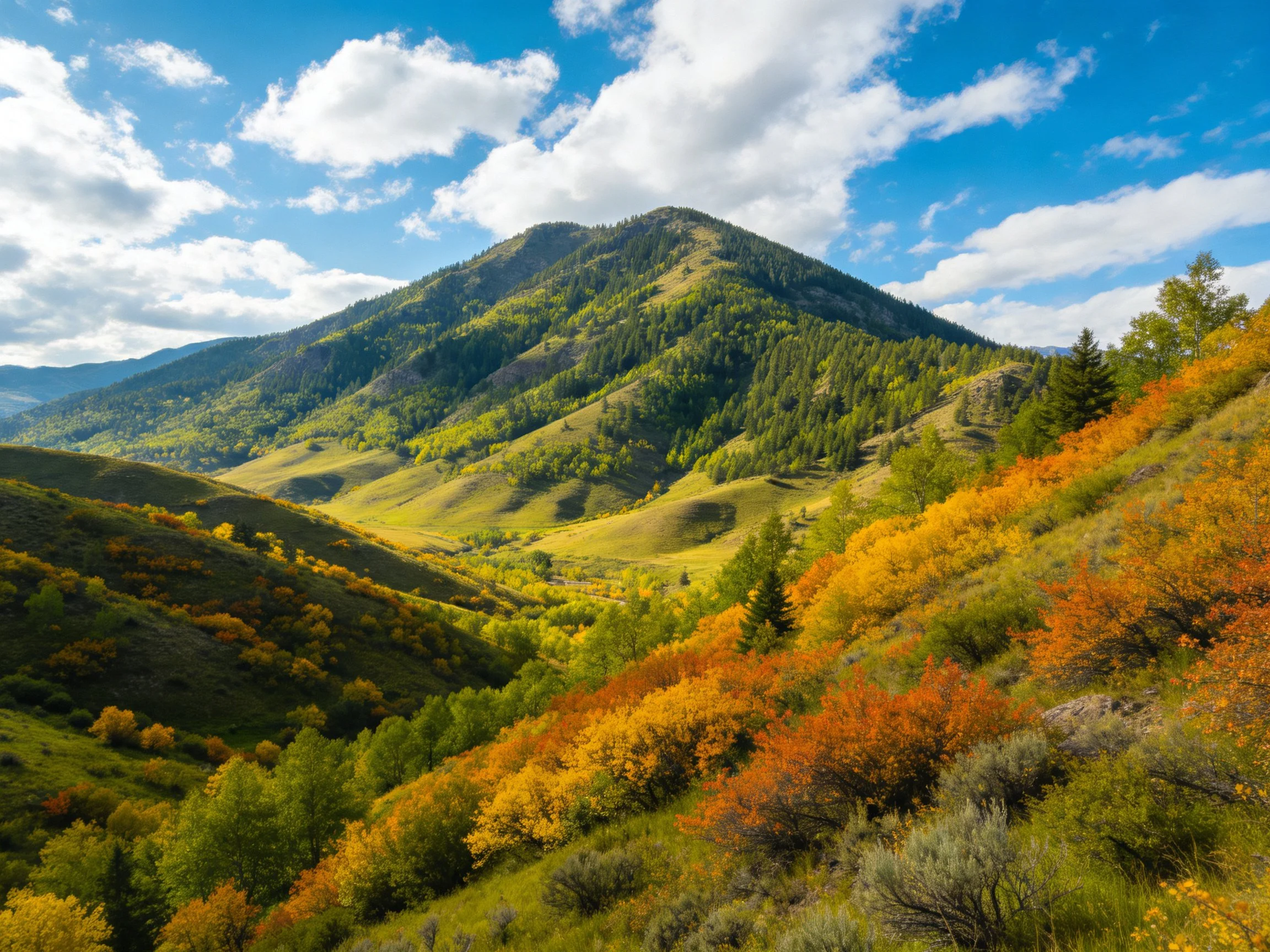 Mountain Valley with Vibrant Autumn Foliage Under Clear Blue Skies