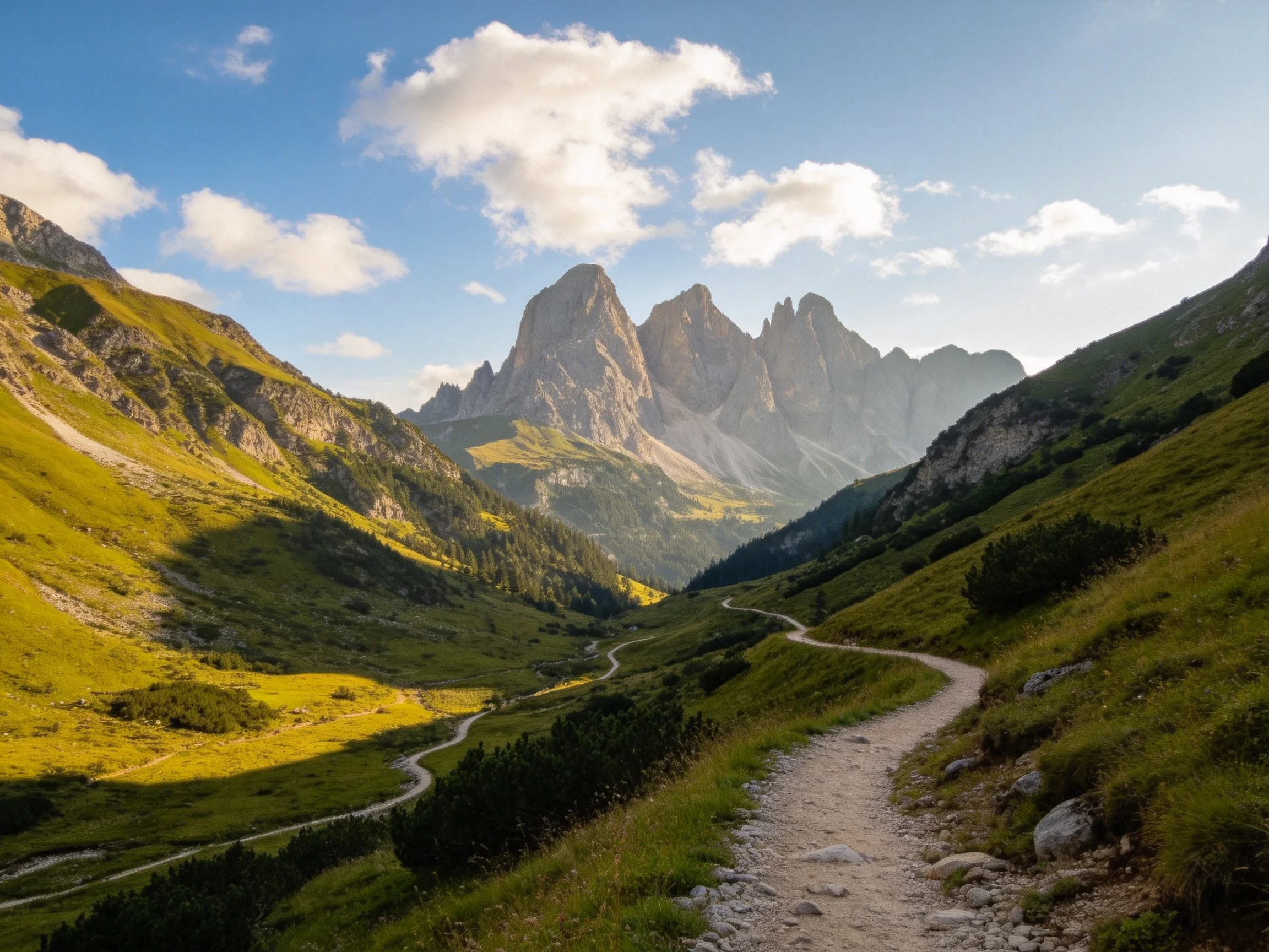 Mountain Valley with Winding Paths and Majestic Peaks