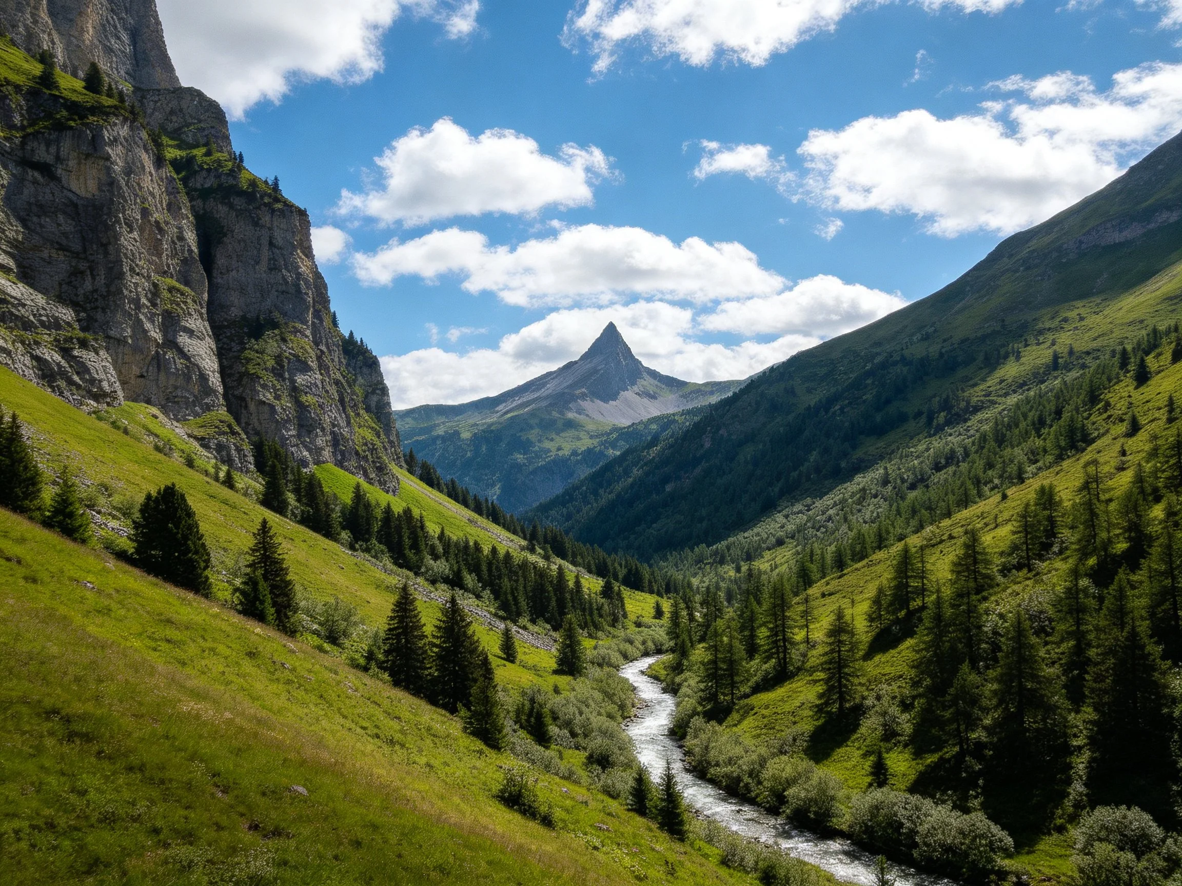 Mountain Valley with Winding River, Lush Green Slopes, and Pointed Peak