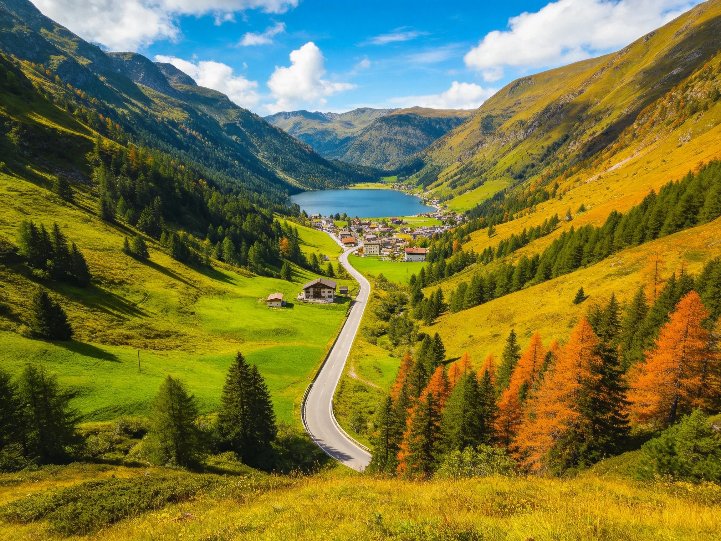 Mountain Valley with Winding Road, Blue Lake, and Colorful Forests