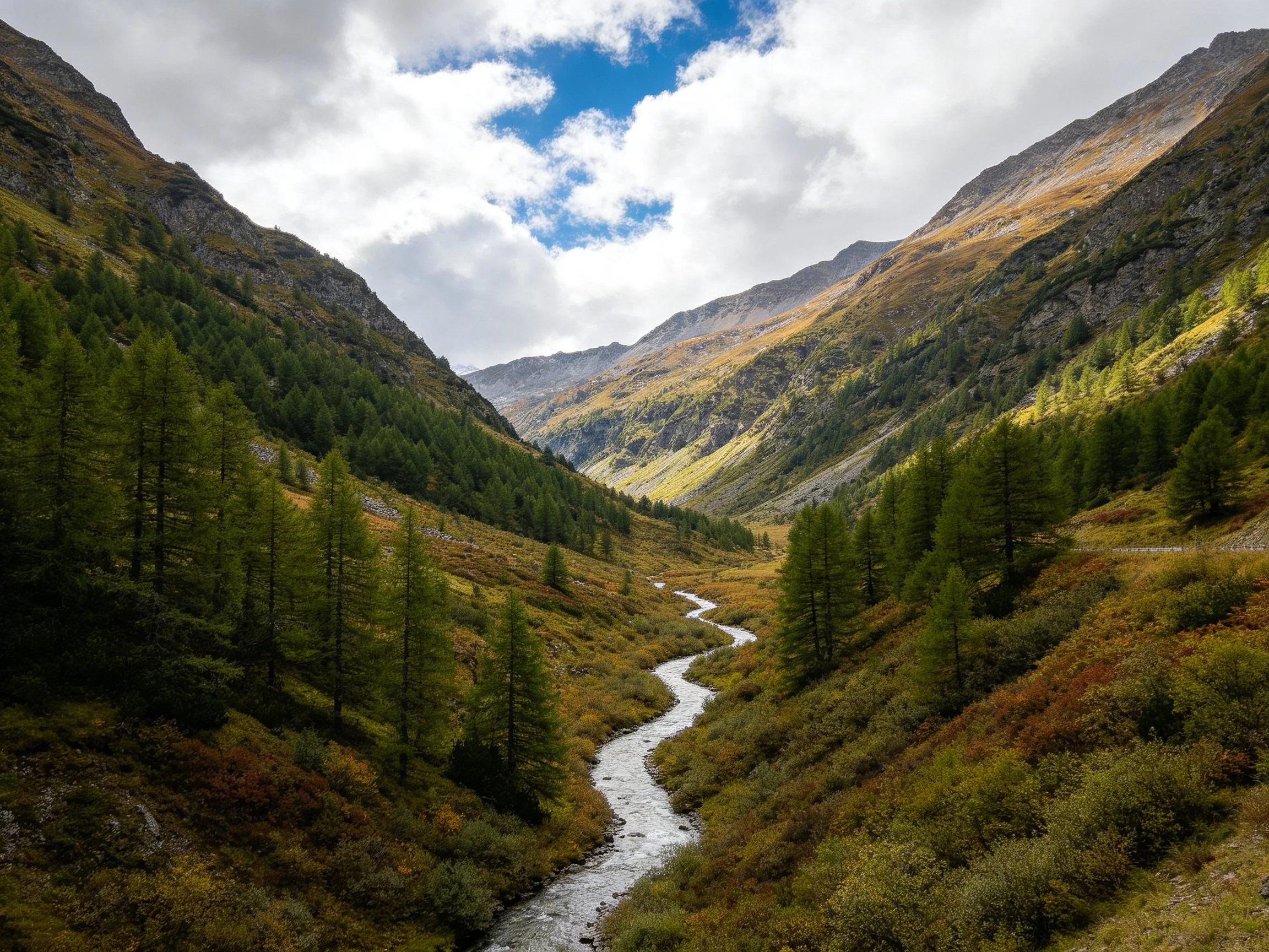 Mountain Valley with Winding Stream and Dense Evergreen Trees