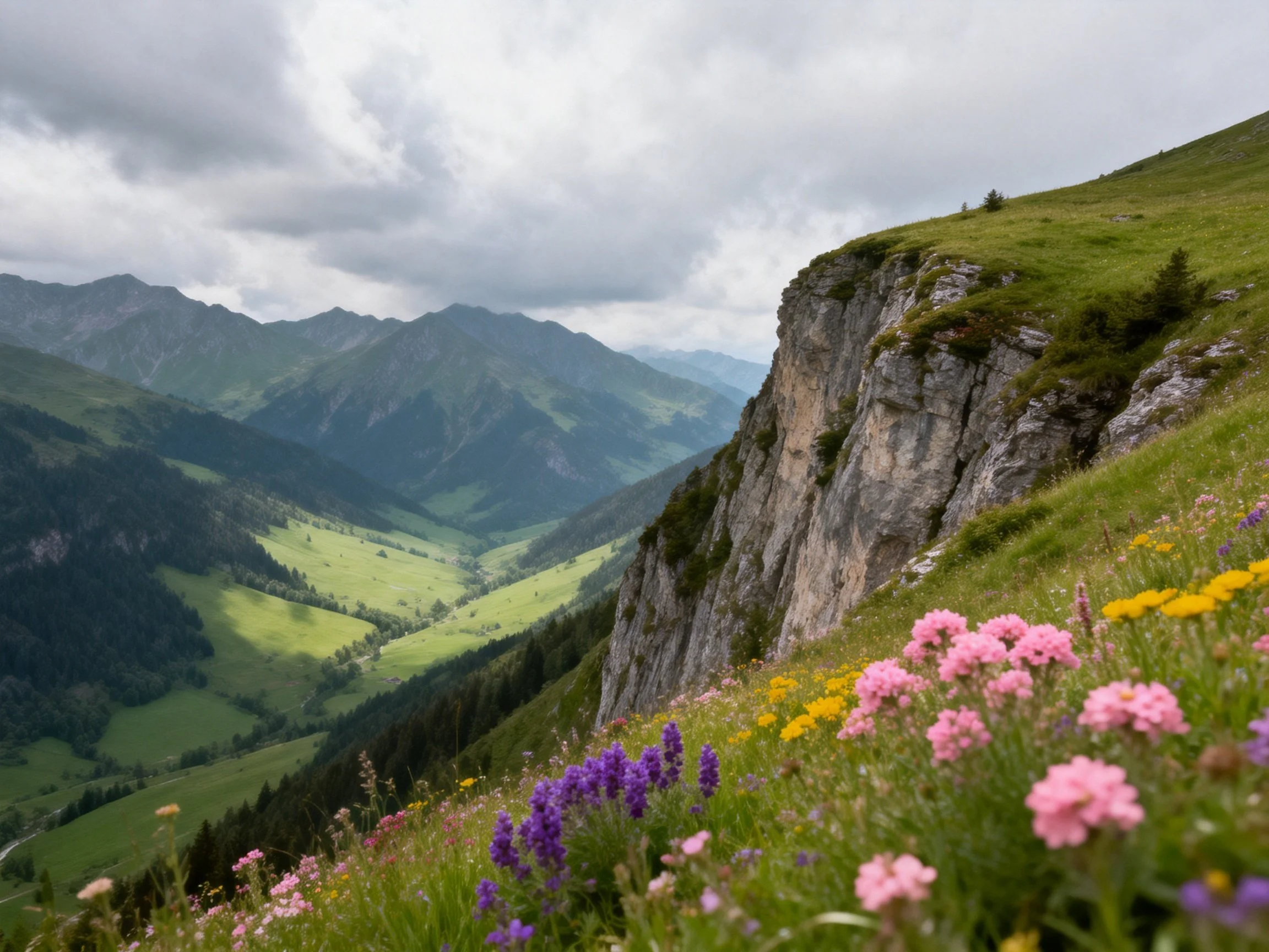 Mountain cliffside with colorful wildflowers and distant valleys