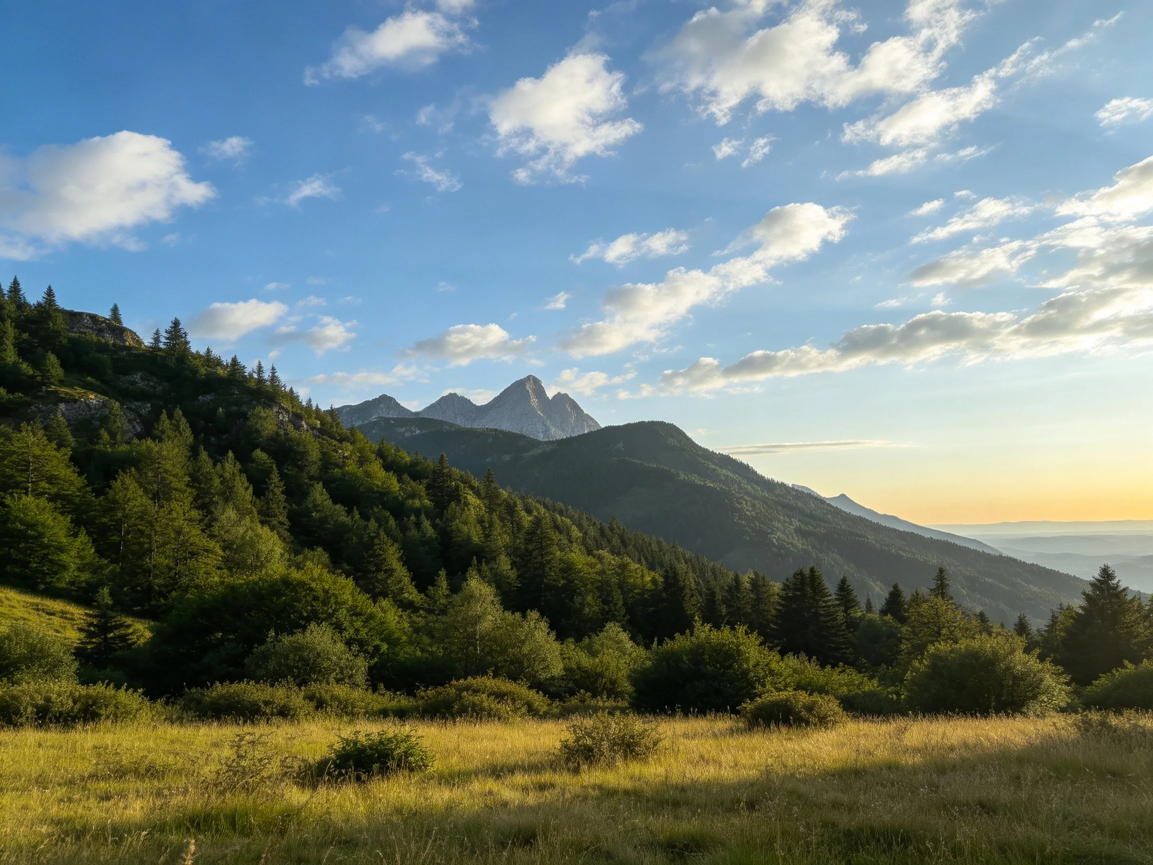 Mountain landscape with dense forest and open meadow under partly cloudy sky