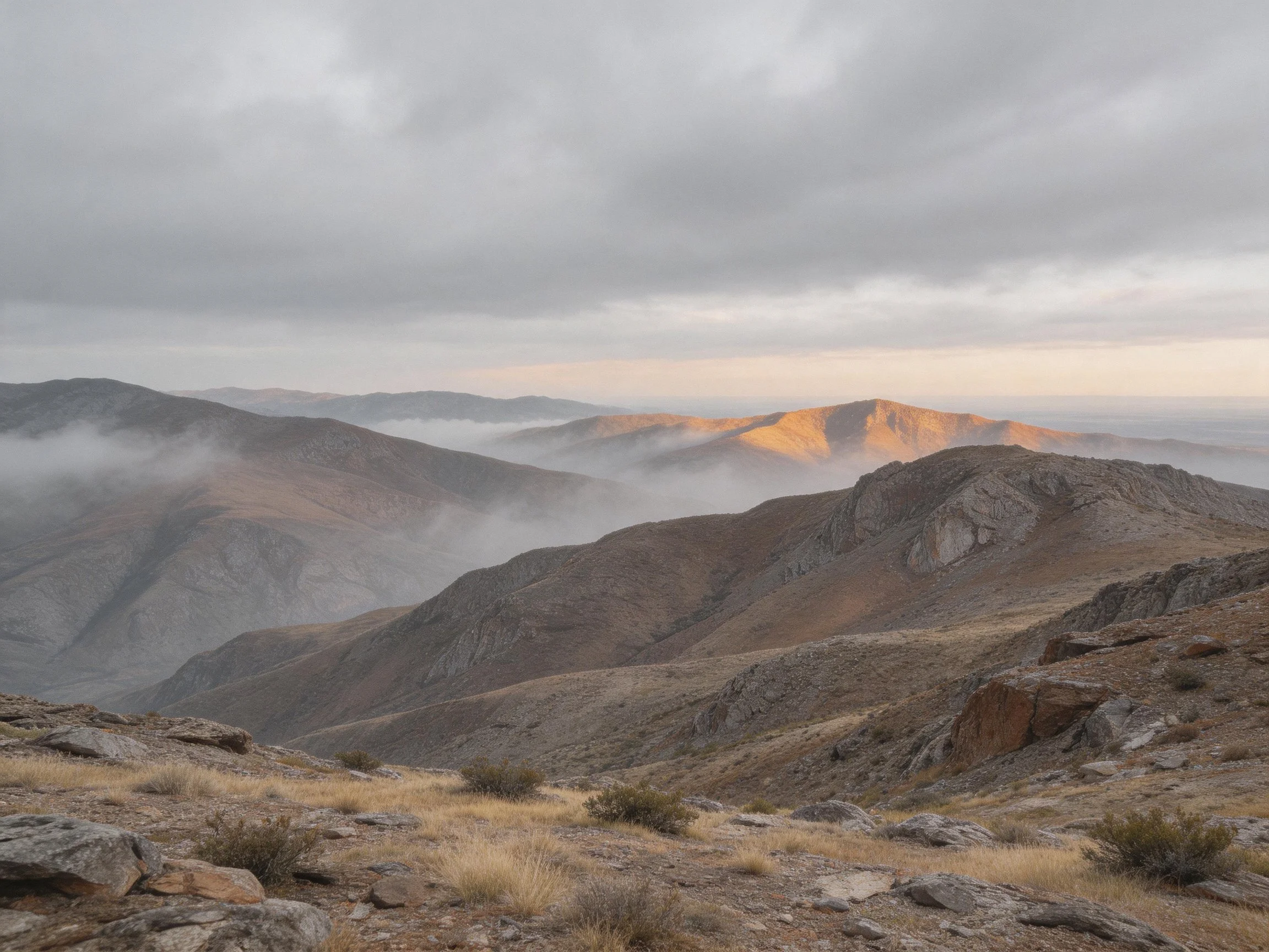 Mountain landscape with misty valleys and golden peak illumination