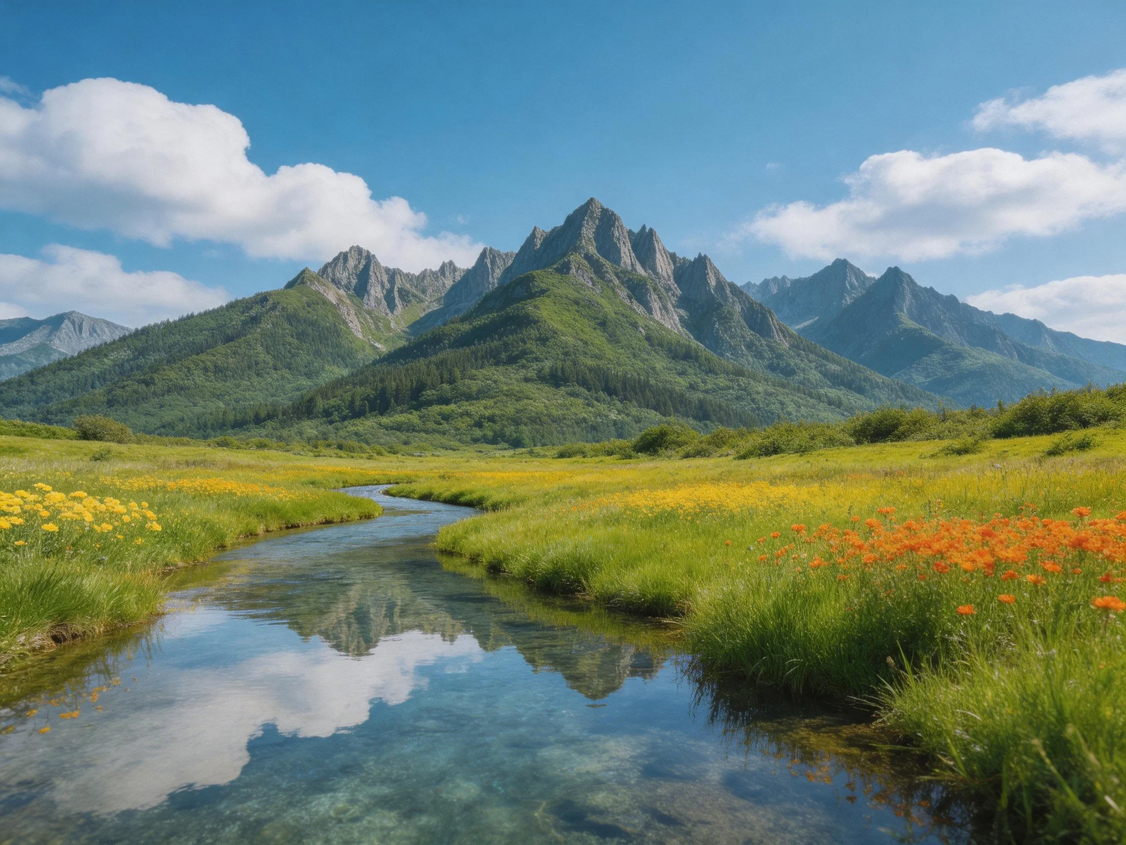 Mountain peaks overlook a clear stream through vibrant meadows
