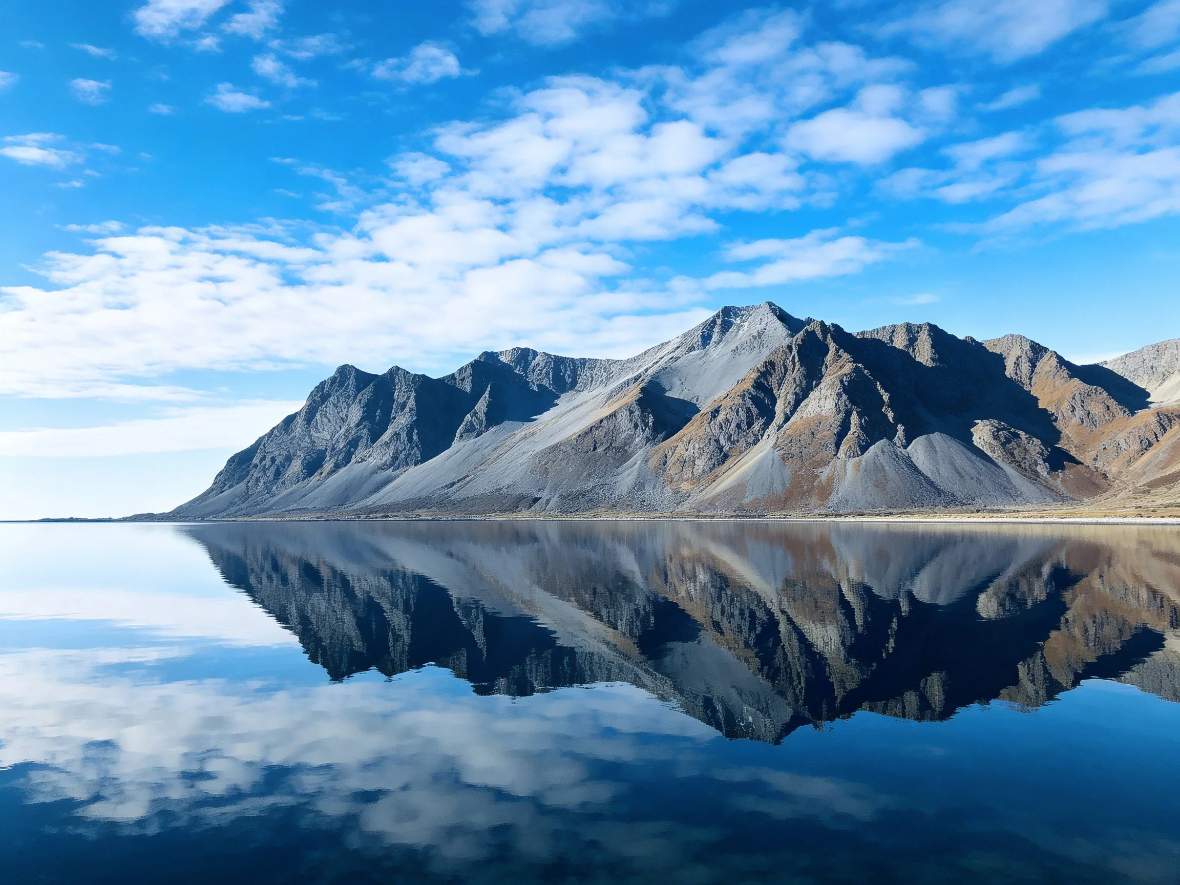 Mountain peaks reflected in calm blue waters under scattered clouds