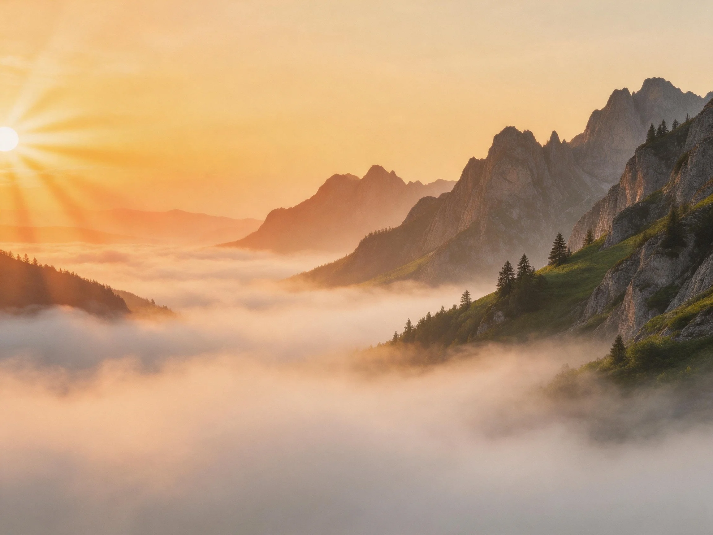Mountain peaks shrouded in morning fog under golden sunlight