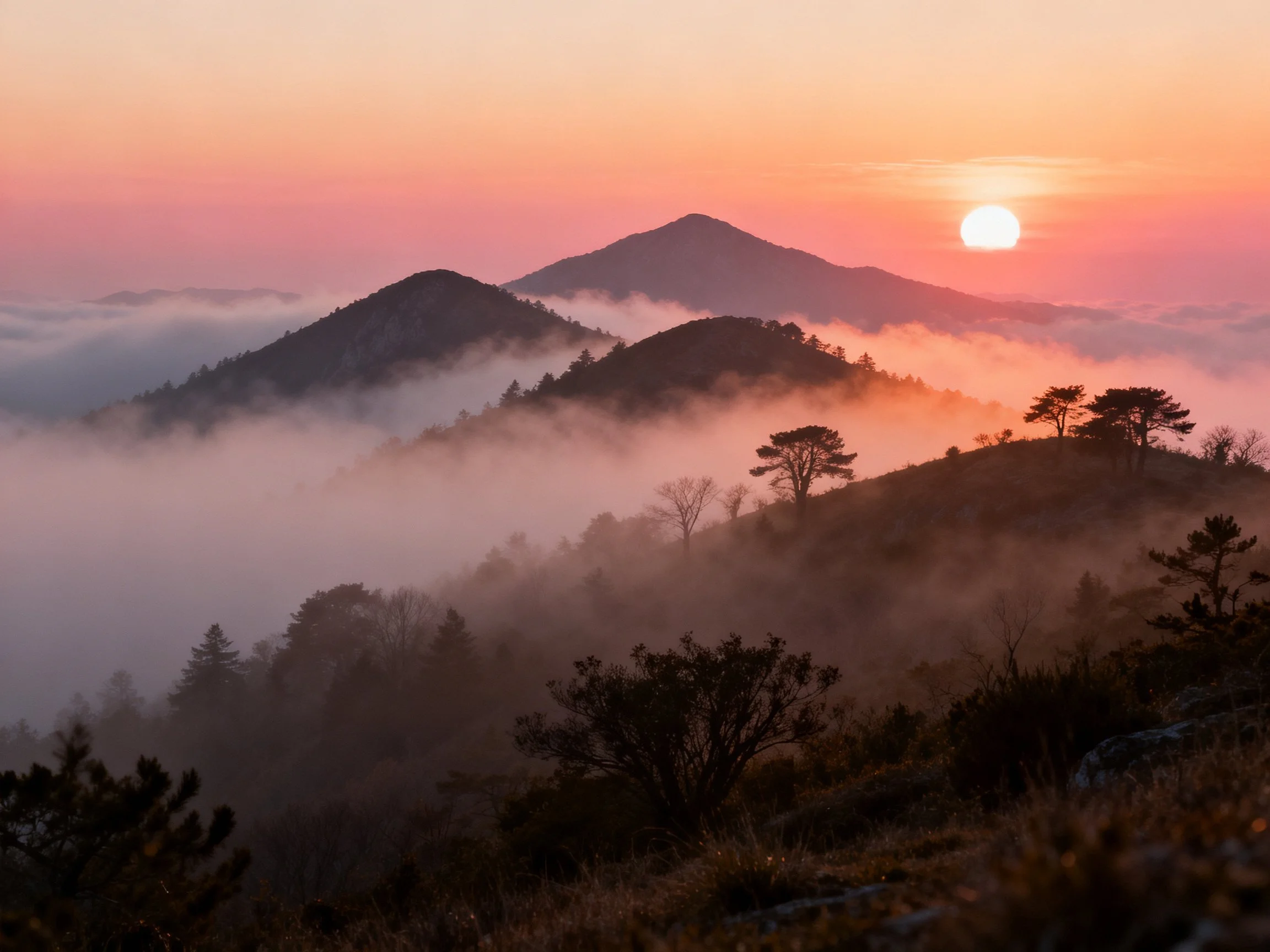 Mountain peaks shrouded in morning mist with vibrant sunset hues
