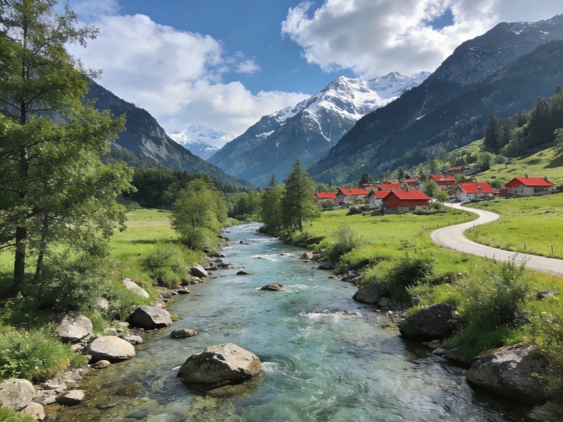 Mountain valley with a clear stream and red-roofed cottages
