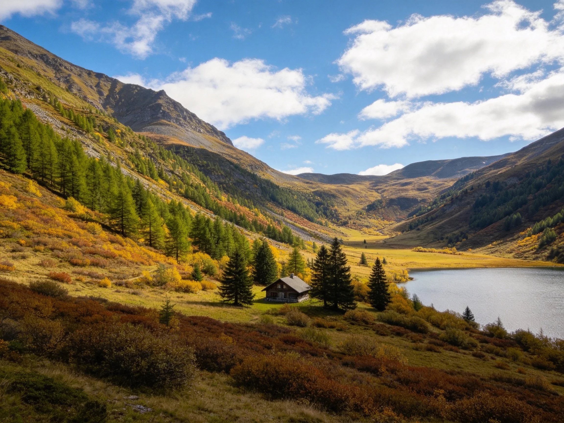 Mountain valley with autumn foliage, lake, and wooden cabin